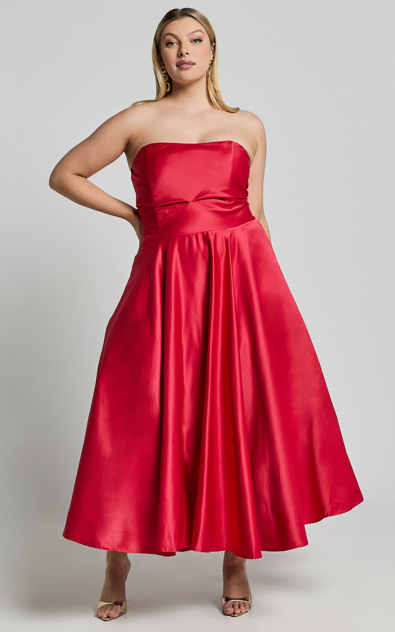 Helaina Midi Dress - Strapless A-Line Satin Dress in Red