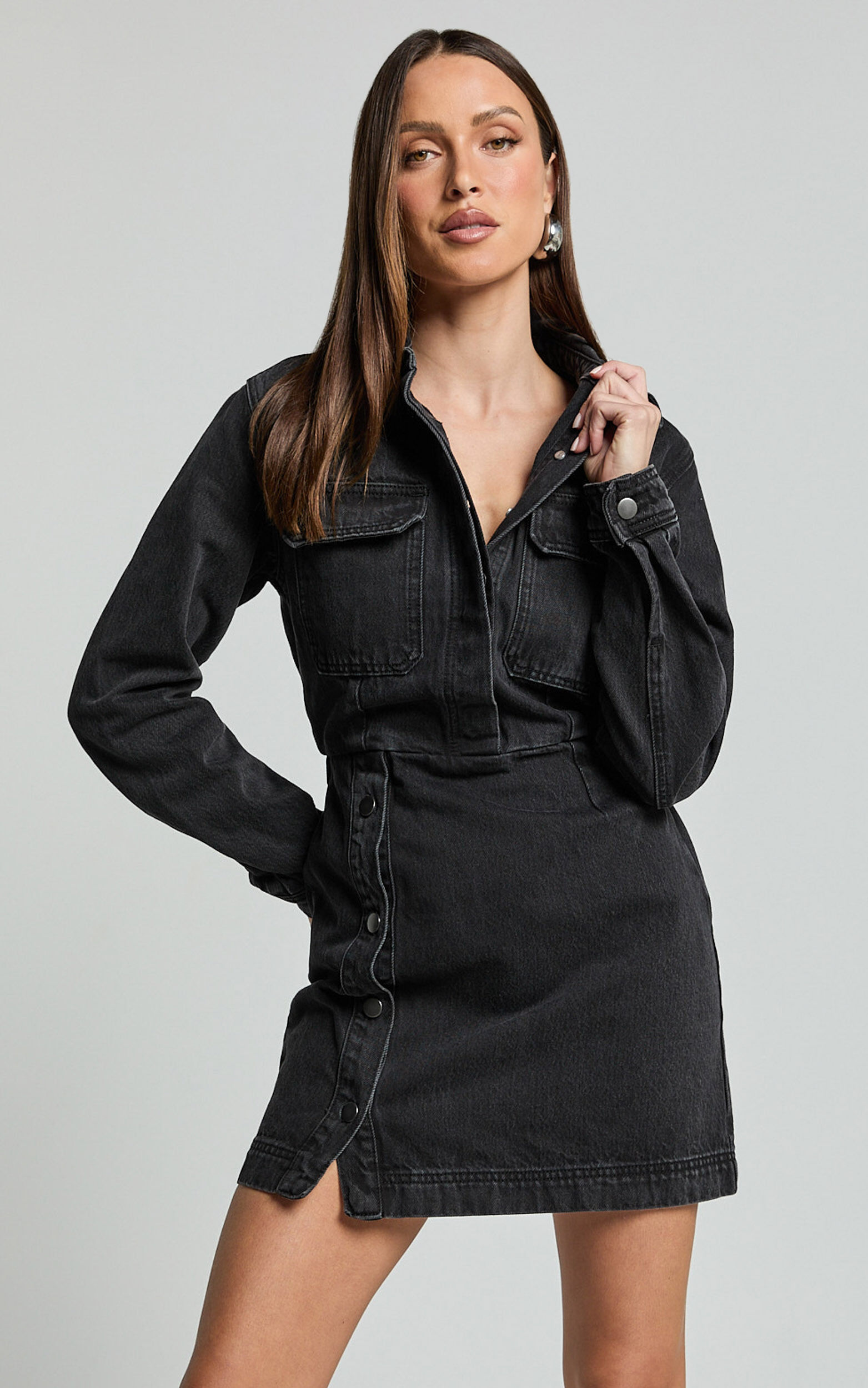 Ainsley Mini Dress - Button Through Long Sleeve Denim Dress in Washed Black
