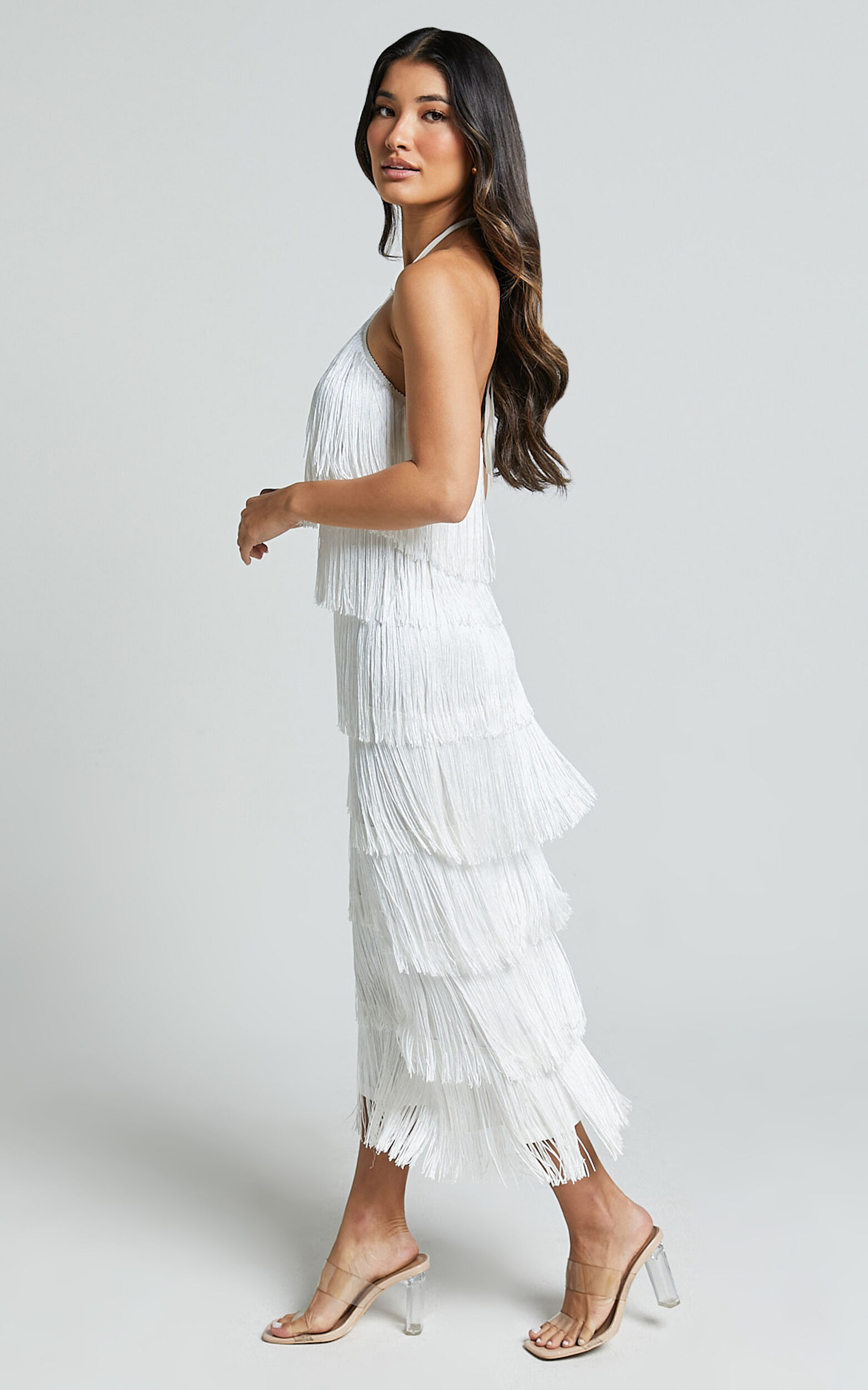 Trixie Maxi Dress - Diamond Halter Neck Fringe Tiered Dress in White
