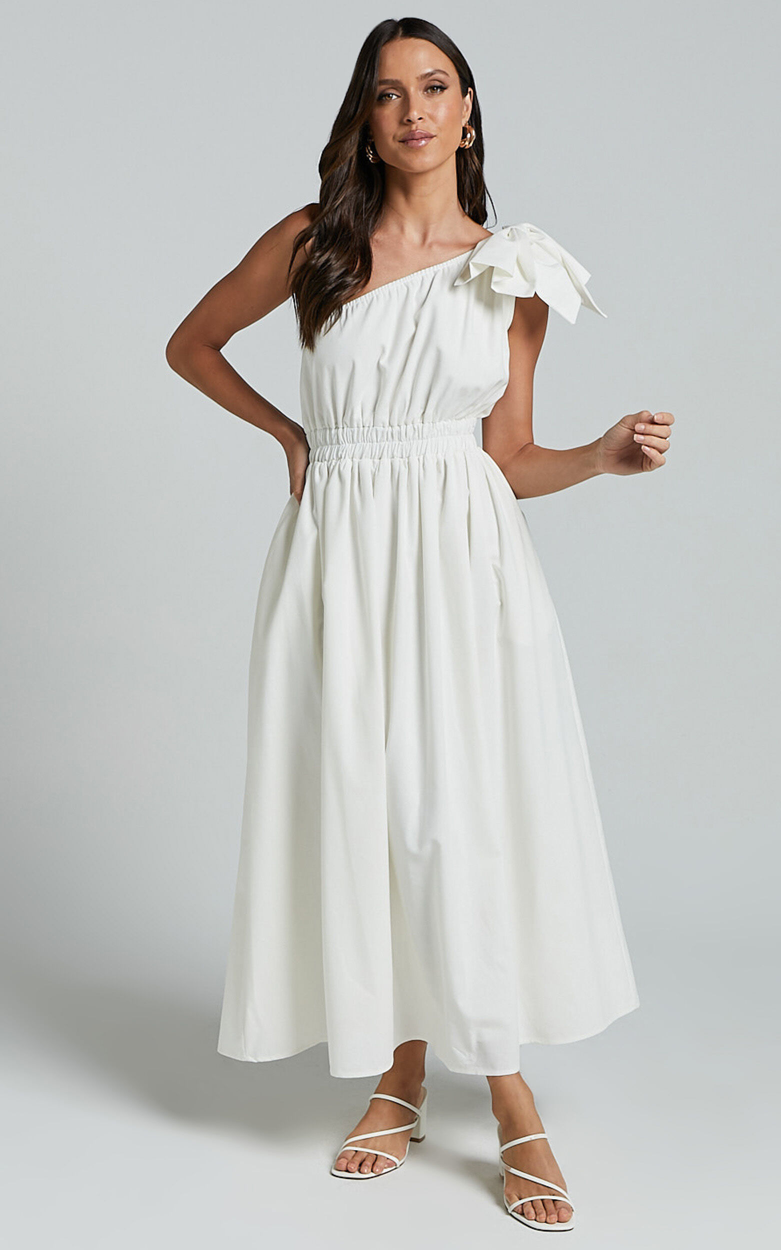 Alby Midi Dress - One Shoulder Bow Dress With Elasticated Waist in White