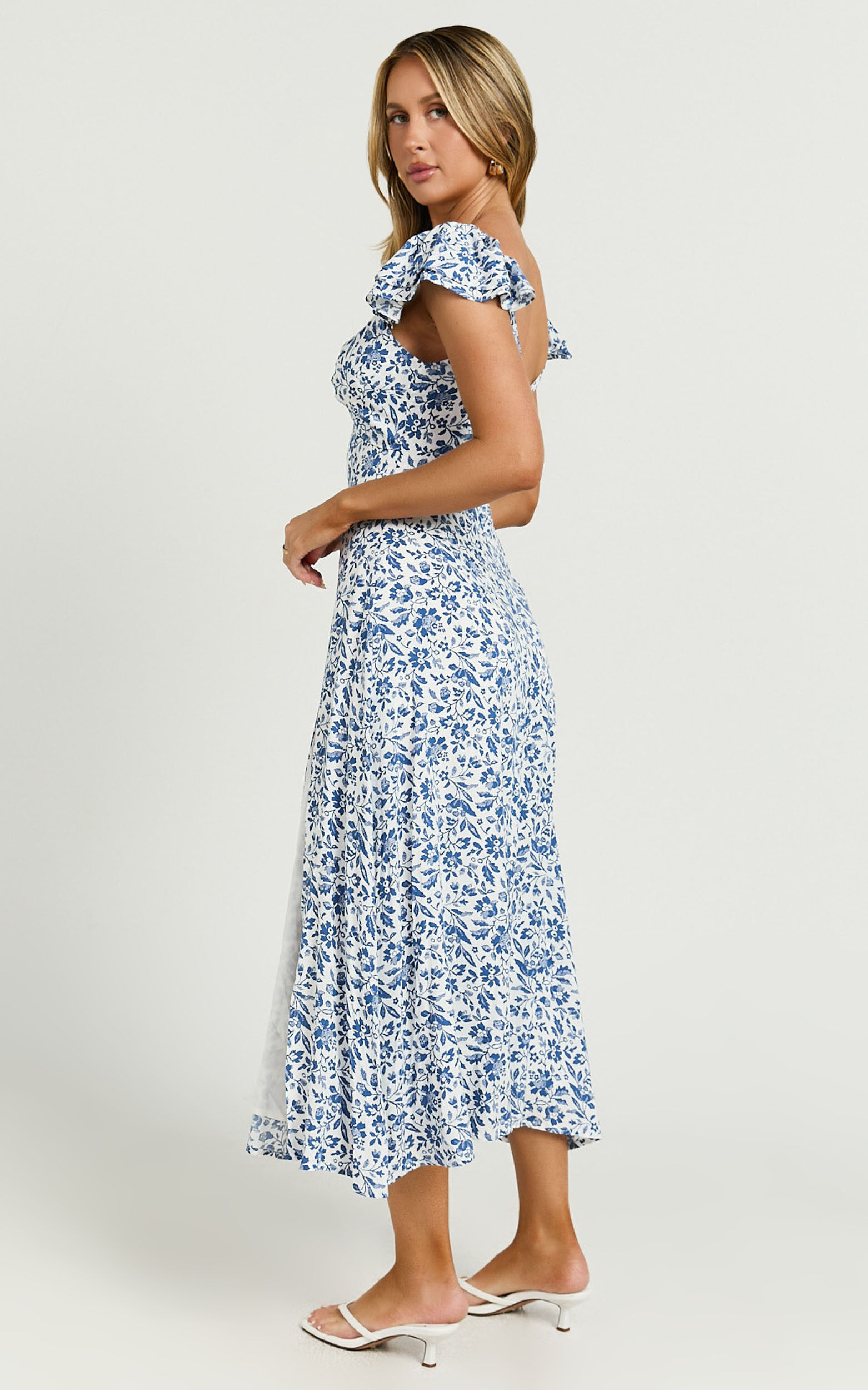 Sally Midi Dress - Flutter Sleeve Cut Out Thigh Split Dress in Blue Floral