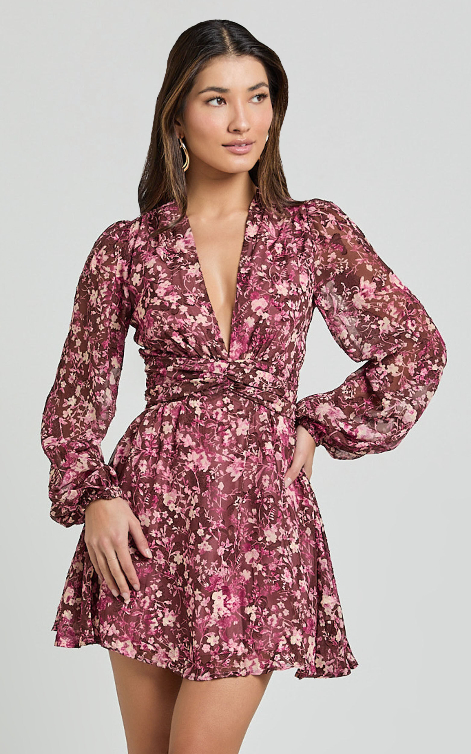 Eleanor Mini Dress - Plunge Twist Front Jacquard Dress in Wine Floral