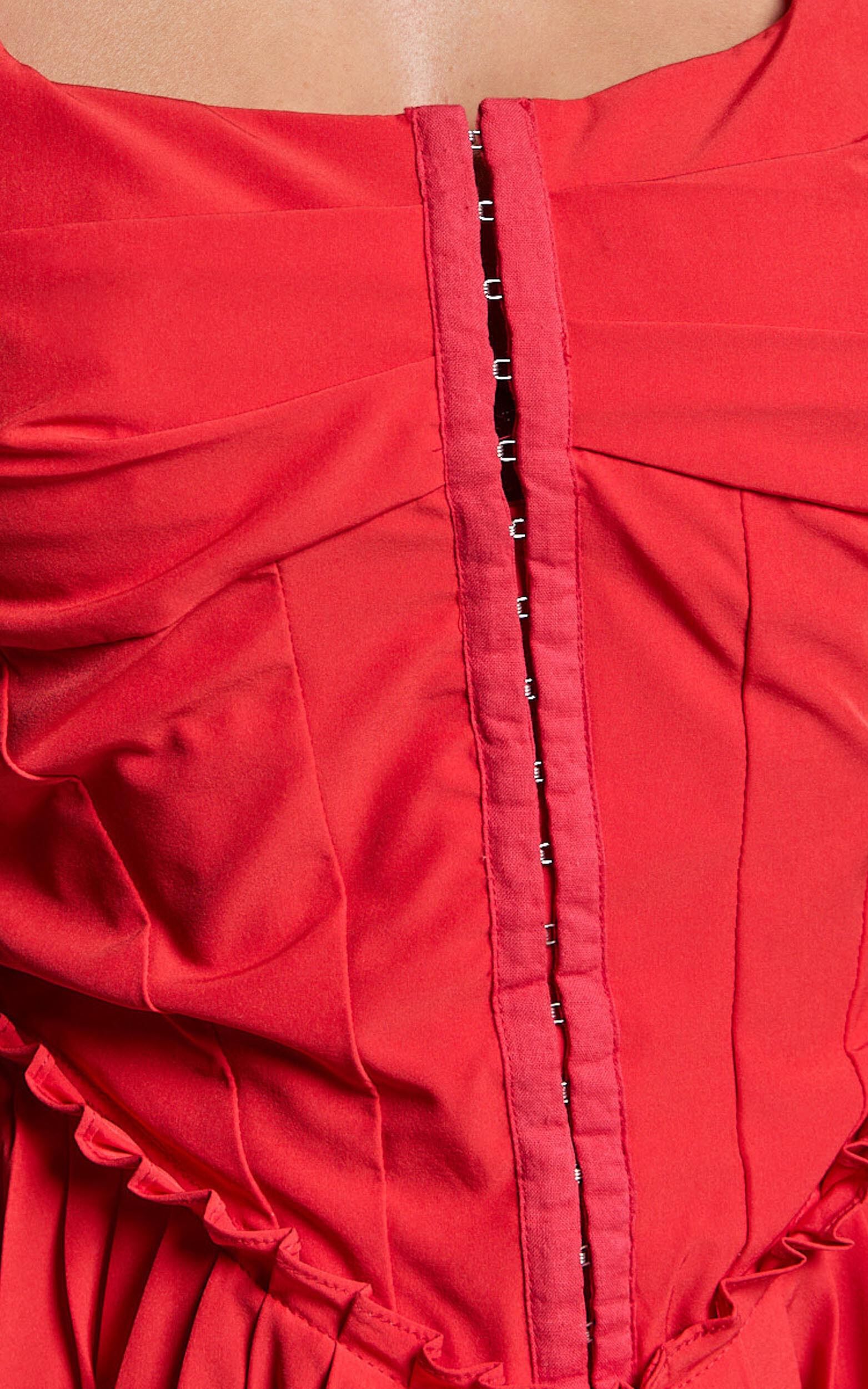 Adana Mini Dress - Fit and Flare Eyelet Corset Detail Mini Dress in Red