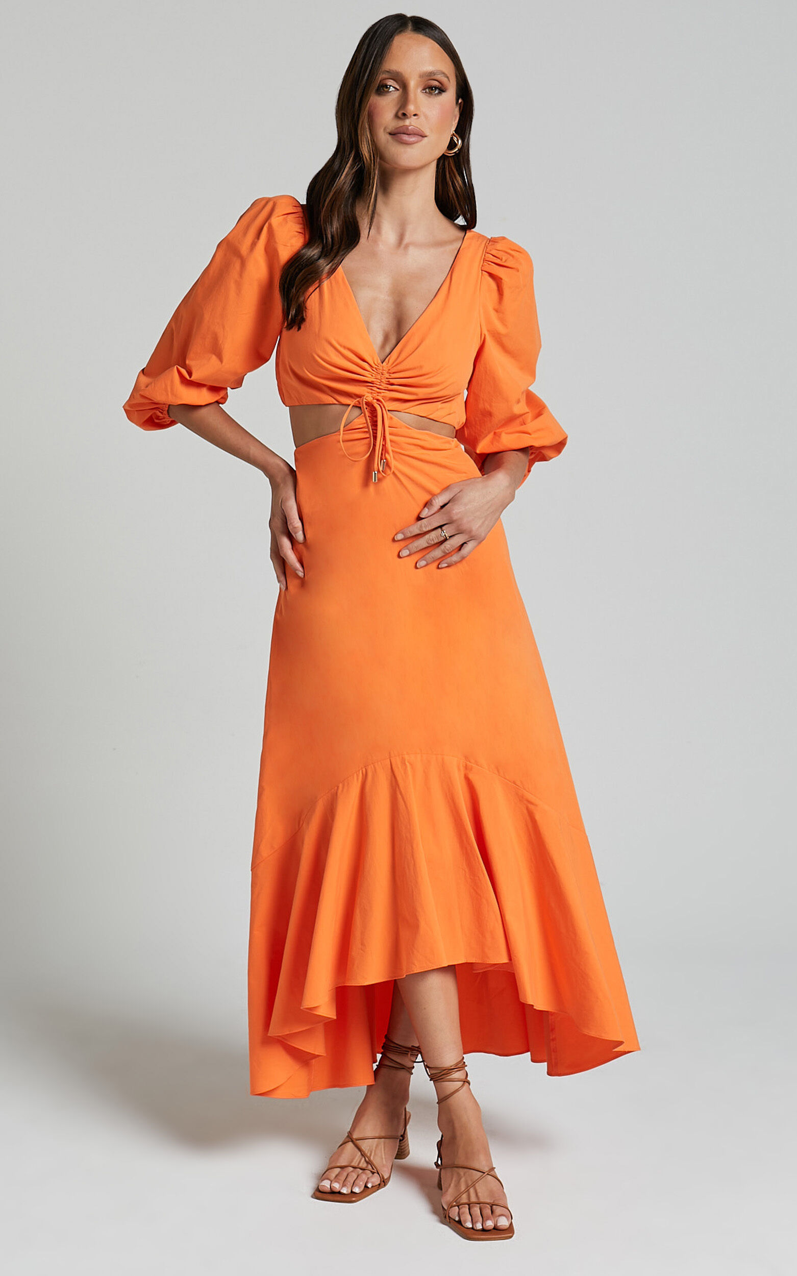 Djibouti Midi Dress - Puff Sleeve Cut Out Dress in Orange