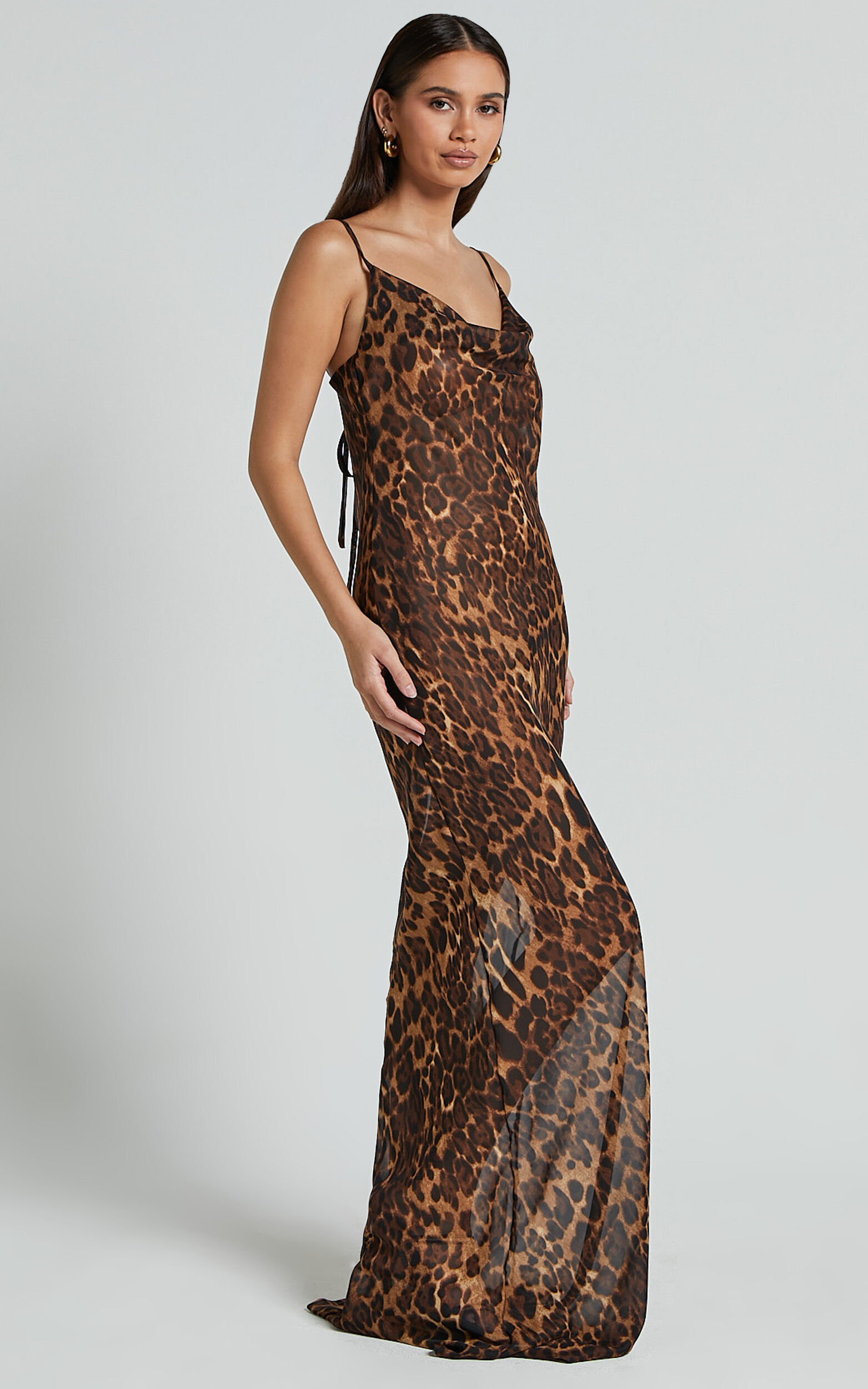 Hilary Maxi Dress - Sheer Cowl Neck Slip Dress in Leopard