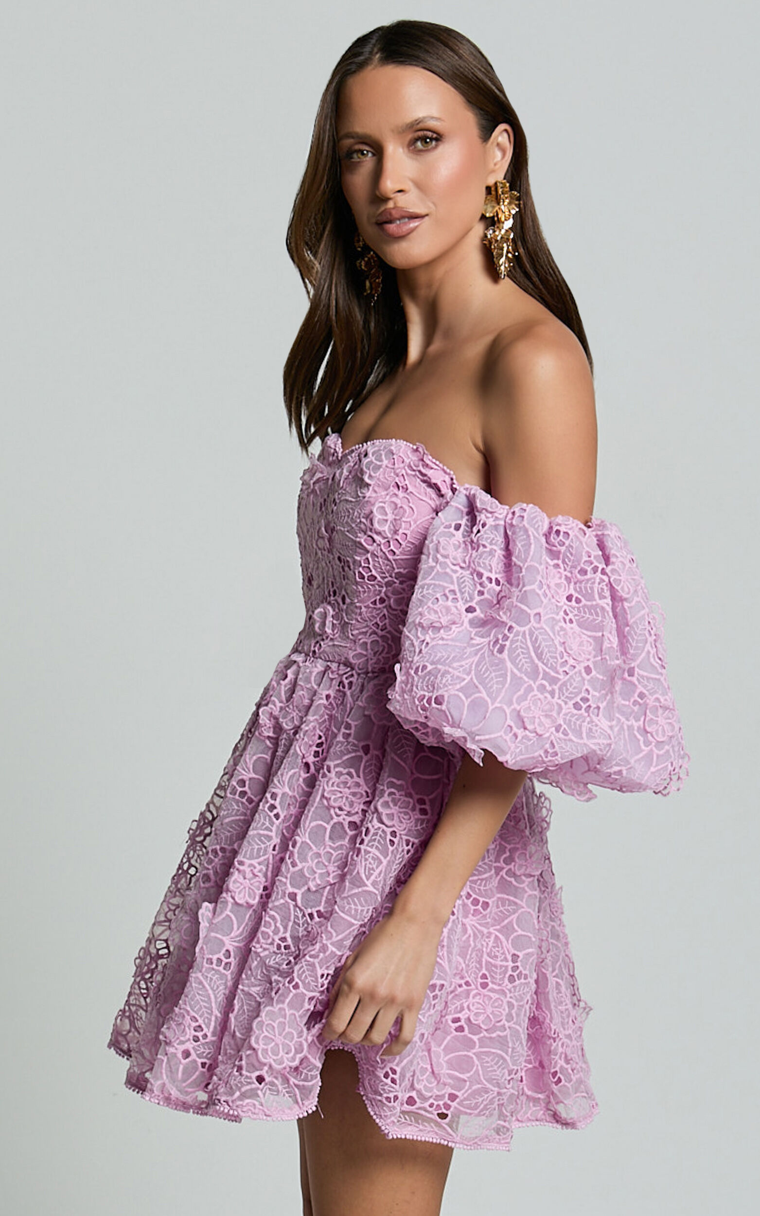 Amalie The Label - Lorena Sweetheart Off Shoulder Puff Sleeve Mini Dress in Purple
