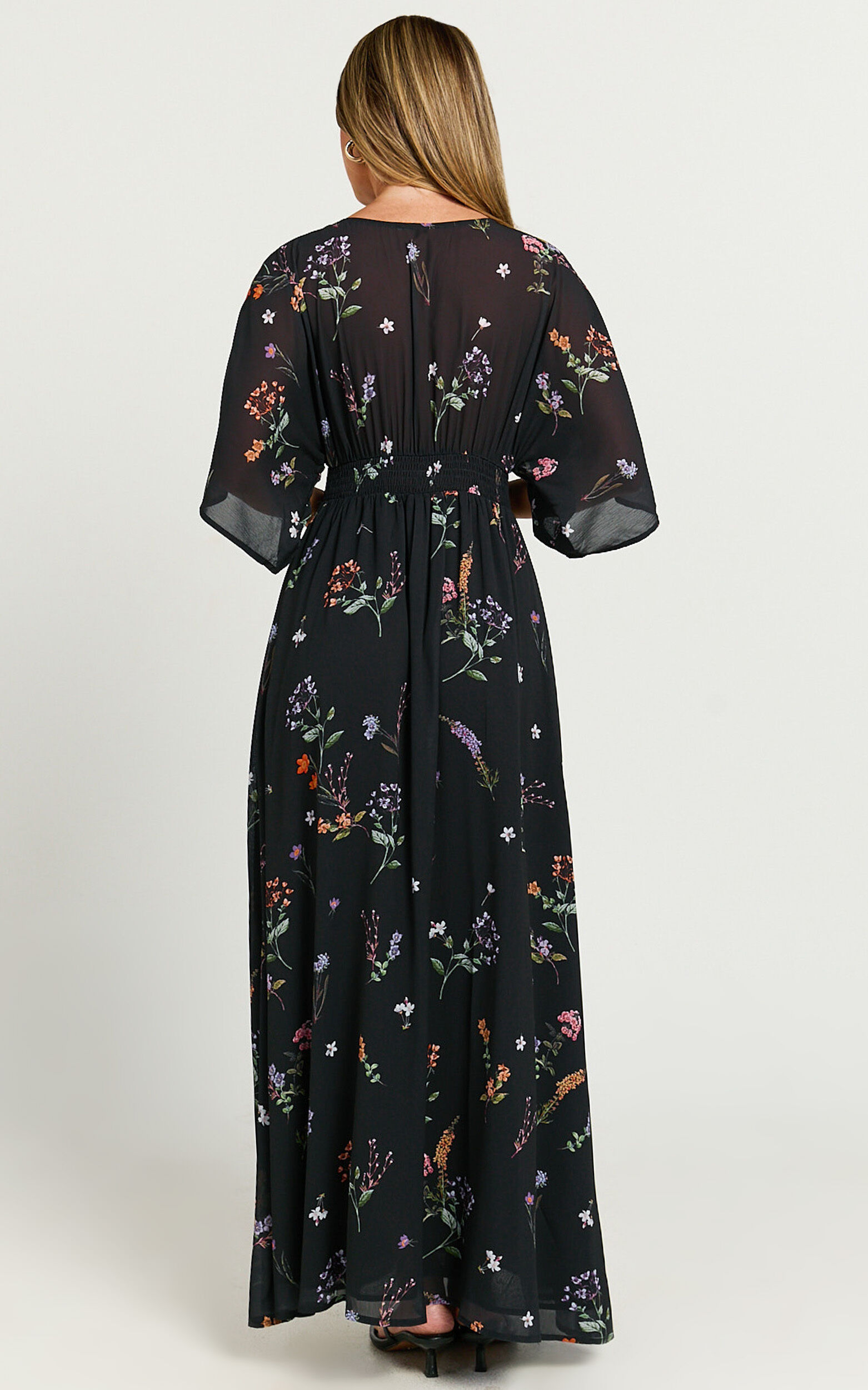 Inka Midi Dress - Short Sleeve Button Down Dress in Black Flower Field