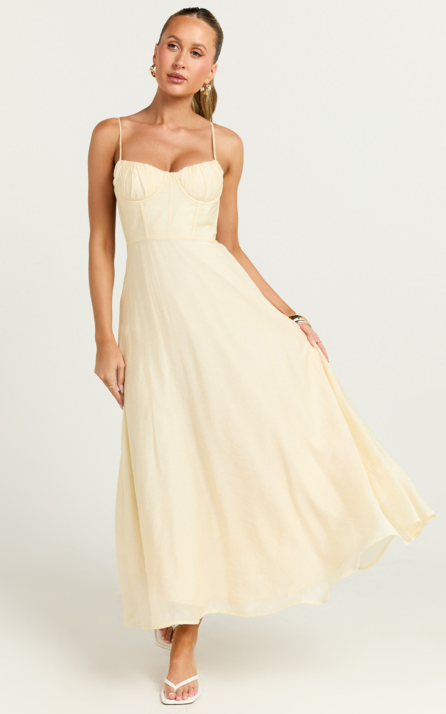 Avalyn Midi Dress - Ruched Bust Corset Dress in Butter