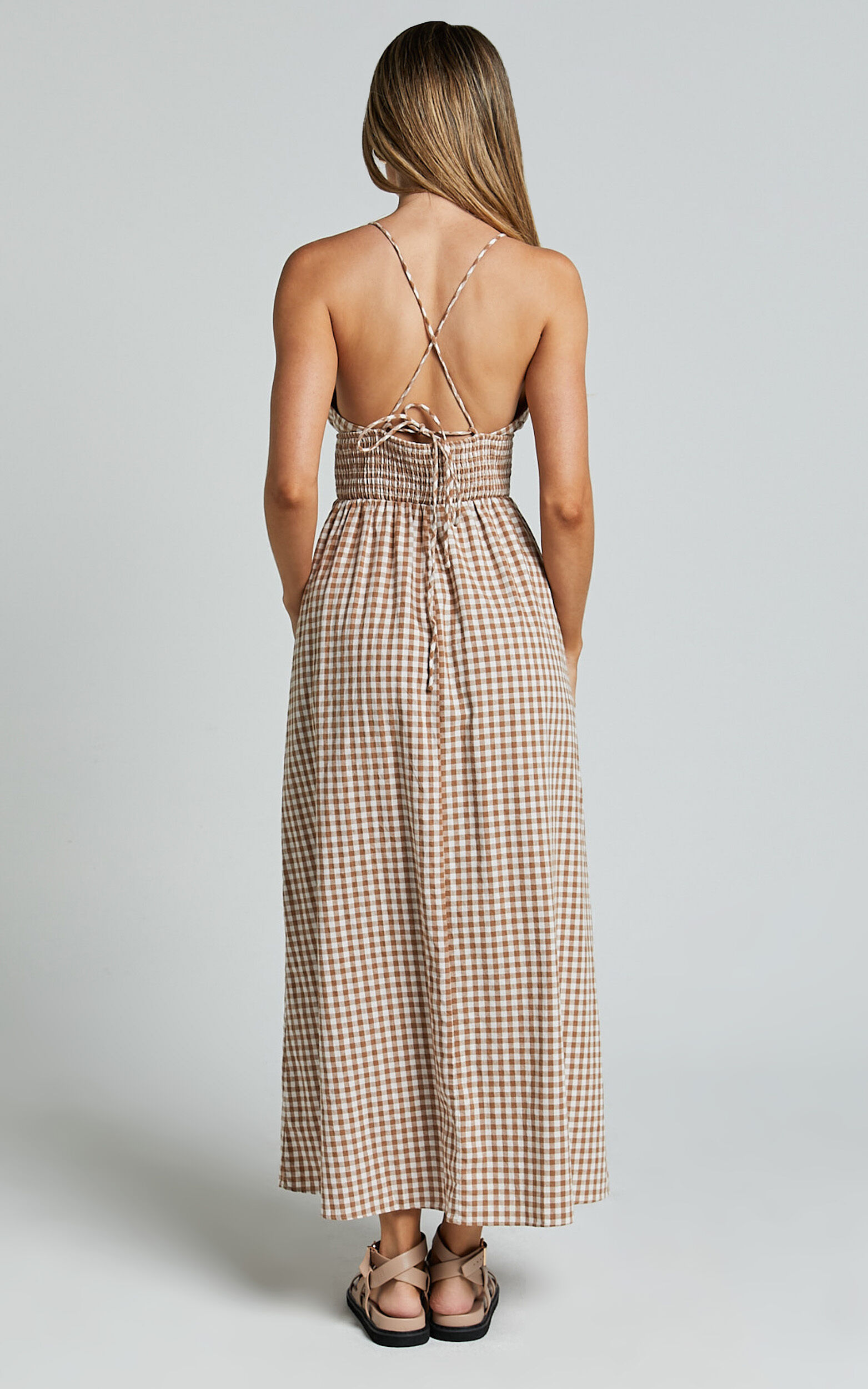 Toni Midi Dress - Strappy Gingham Dress in Caramel and White Gingham