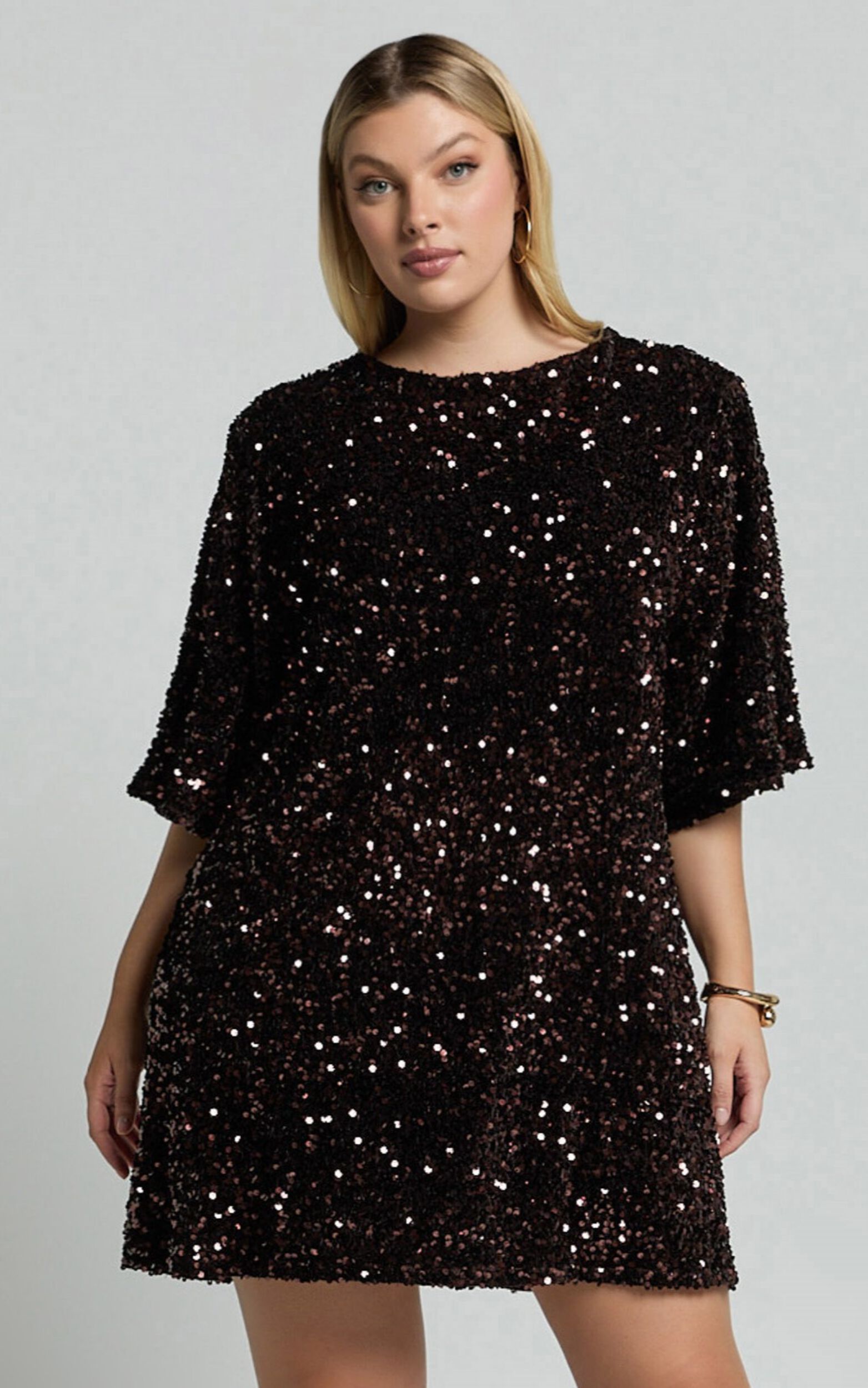 Valetta Mini Dress - Sequin low back shift dress in Chocolate