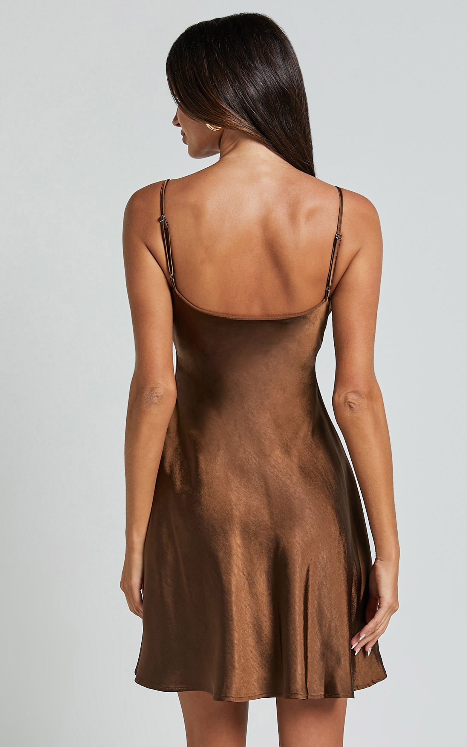 Chanaye Mini Dress - Ruched Bust Satin Cami Dress in Chocolate