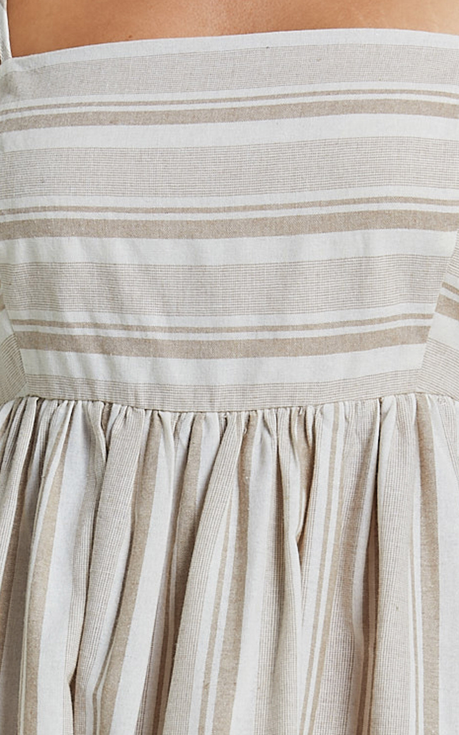 Katheryn Midi Dress - Strappy Straight Neck A Line Gathered Dress in Beige and Natural Stripe