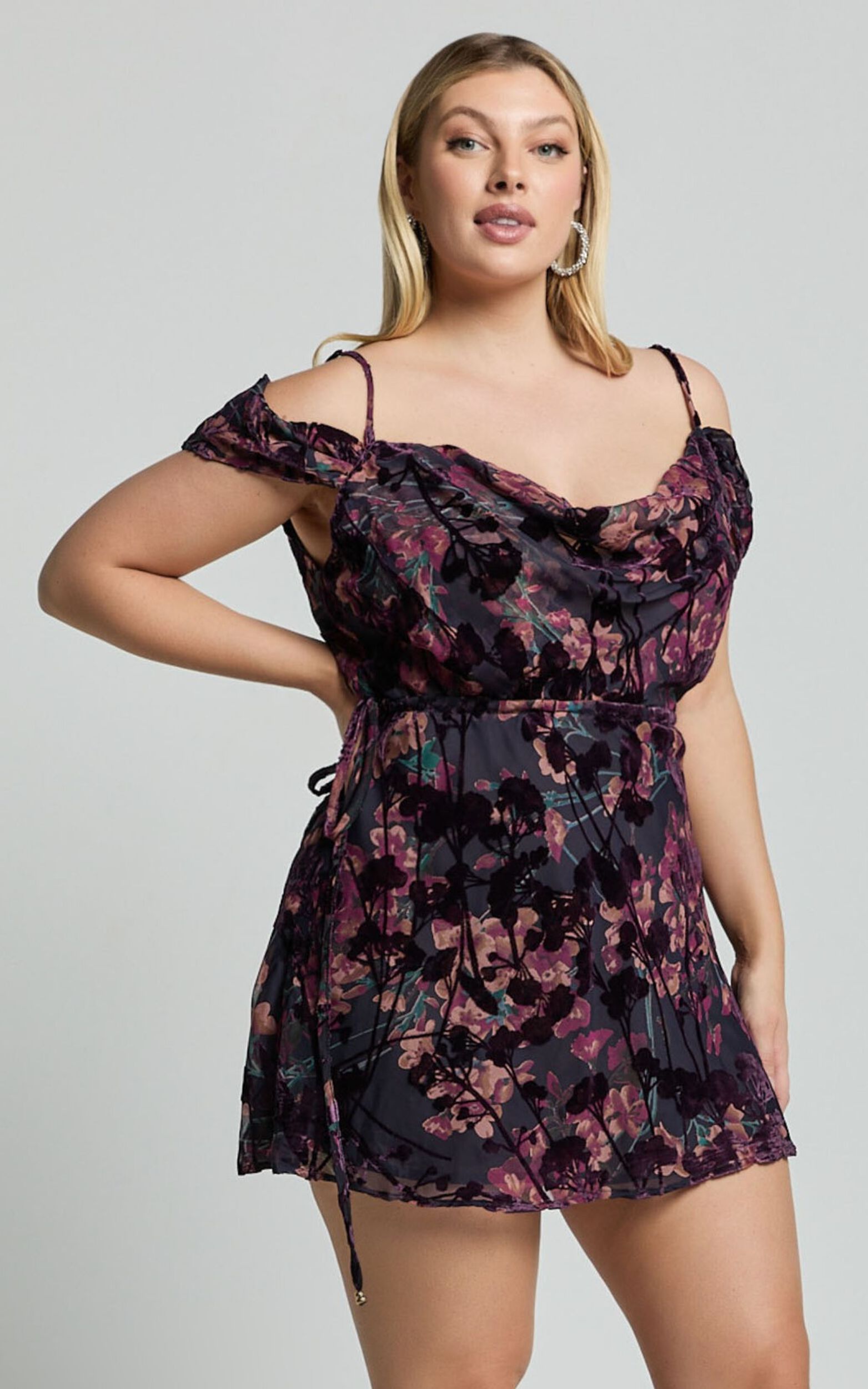 Aletta Mini Dress - Strappy Off Shoulder Cowl Neck Dress in Aletta Burn Out Floral