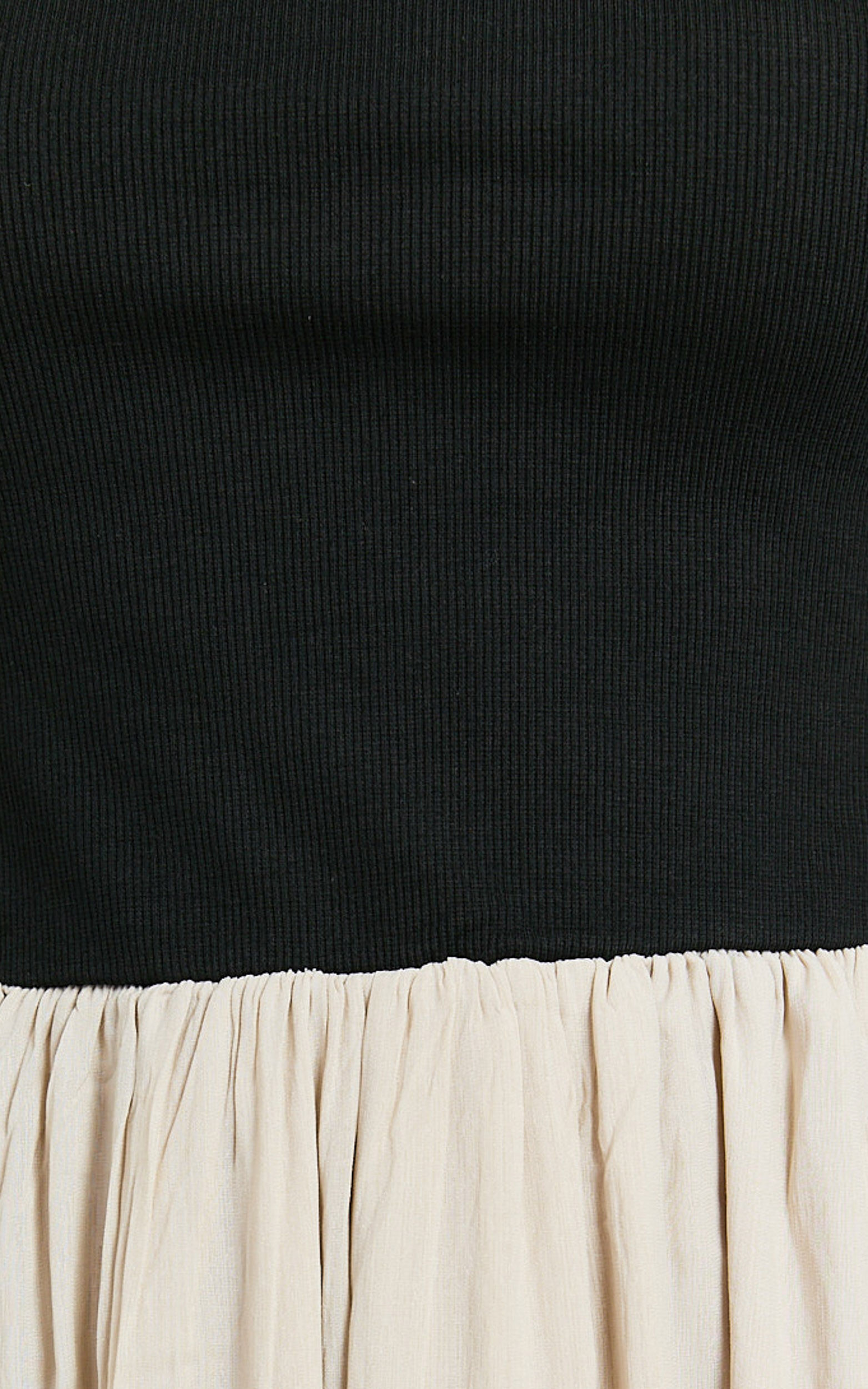 Hermie Midi Dress - Short Sleeve Contrast Dress in Black & Beige