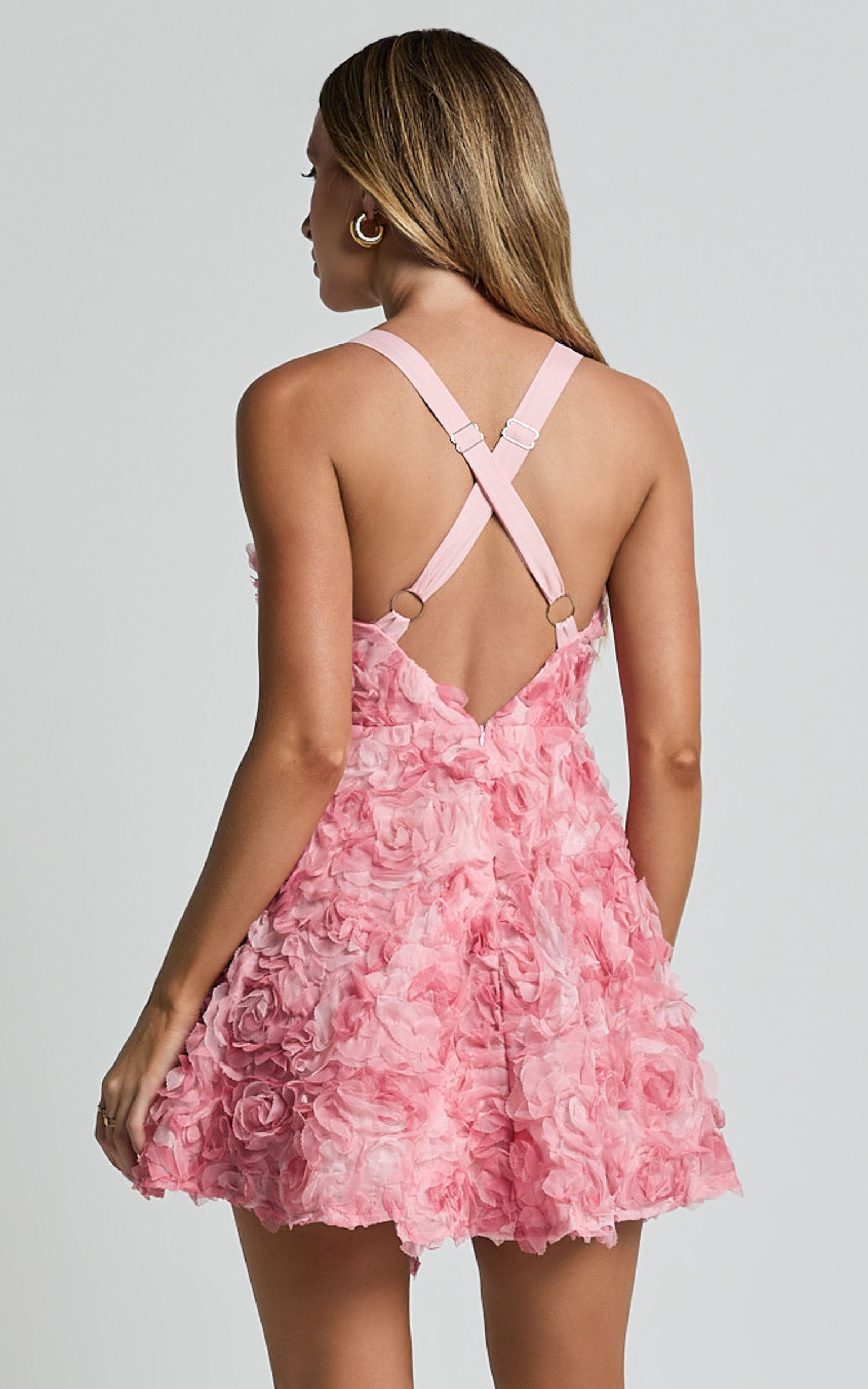 Alexandria Mini Dress - V Neck Gathered Bust A Line Dress in Pink