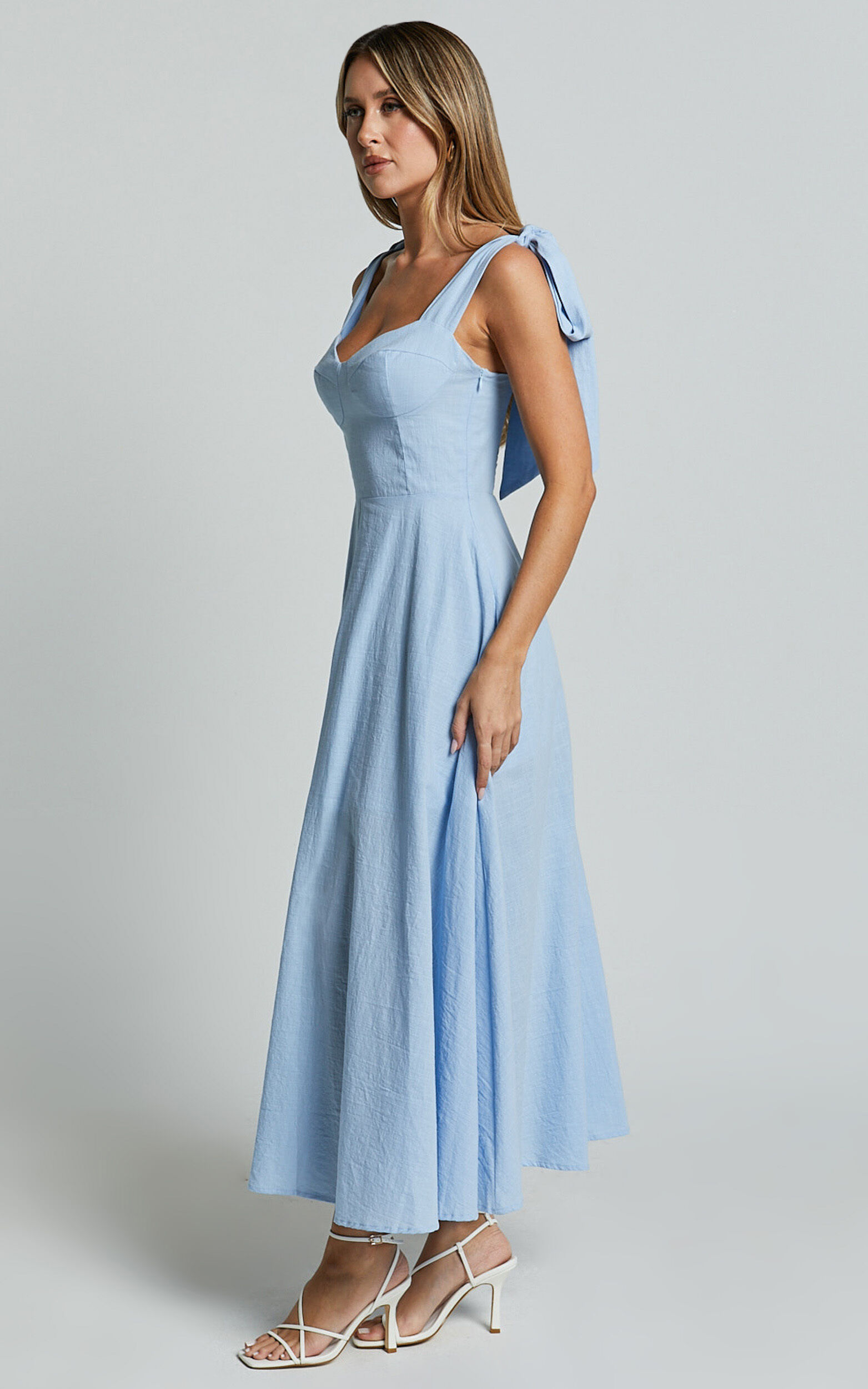 Tymia Midi Dress - Shoulder Tie Bustier Shirred Back A Line in Pastel Blue