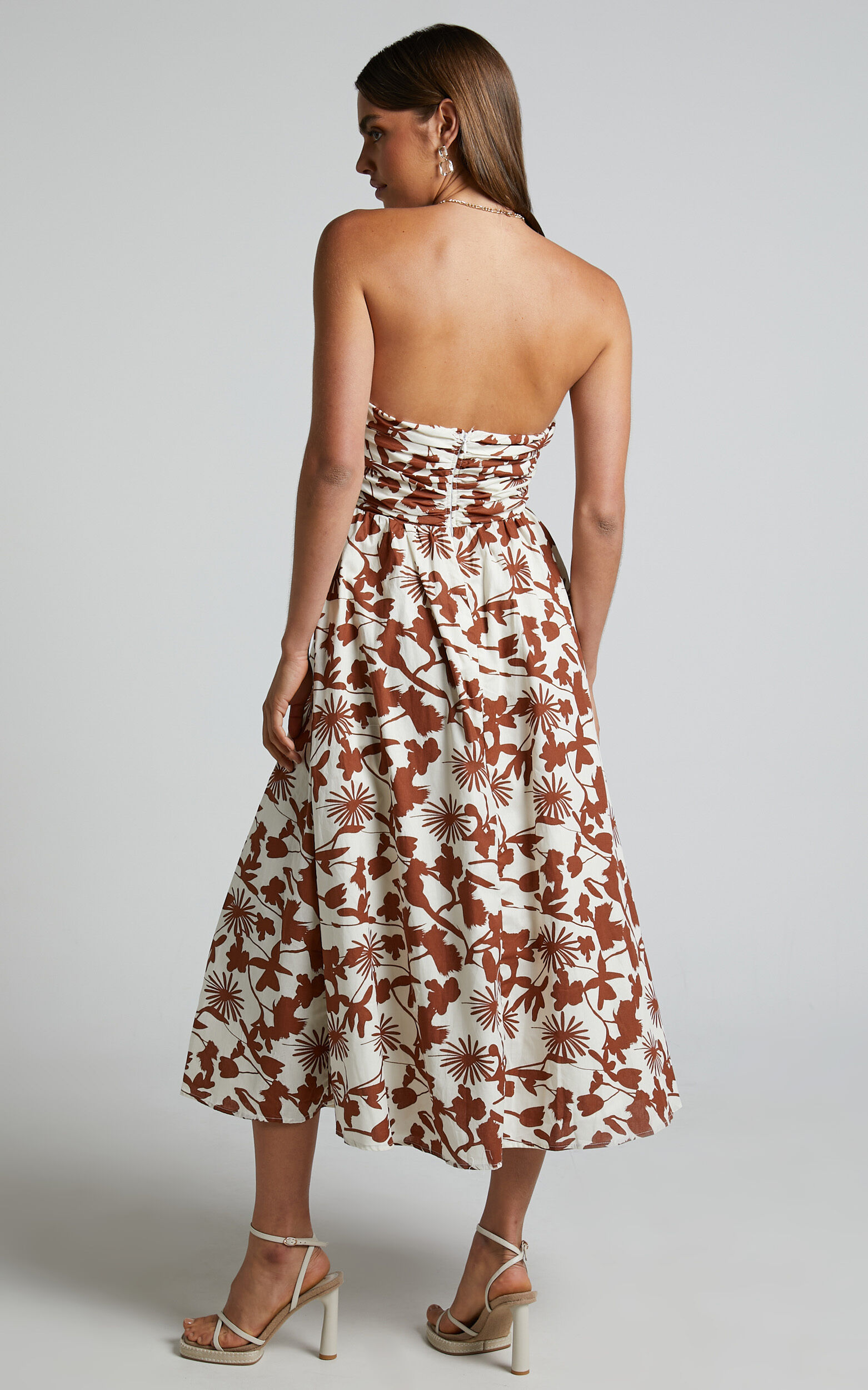 Evita Midi Dress - Ruched High Split Strapless Dress in Multi