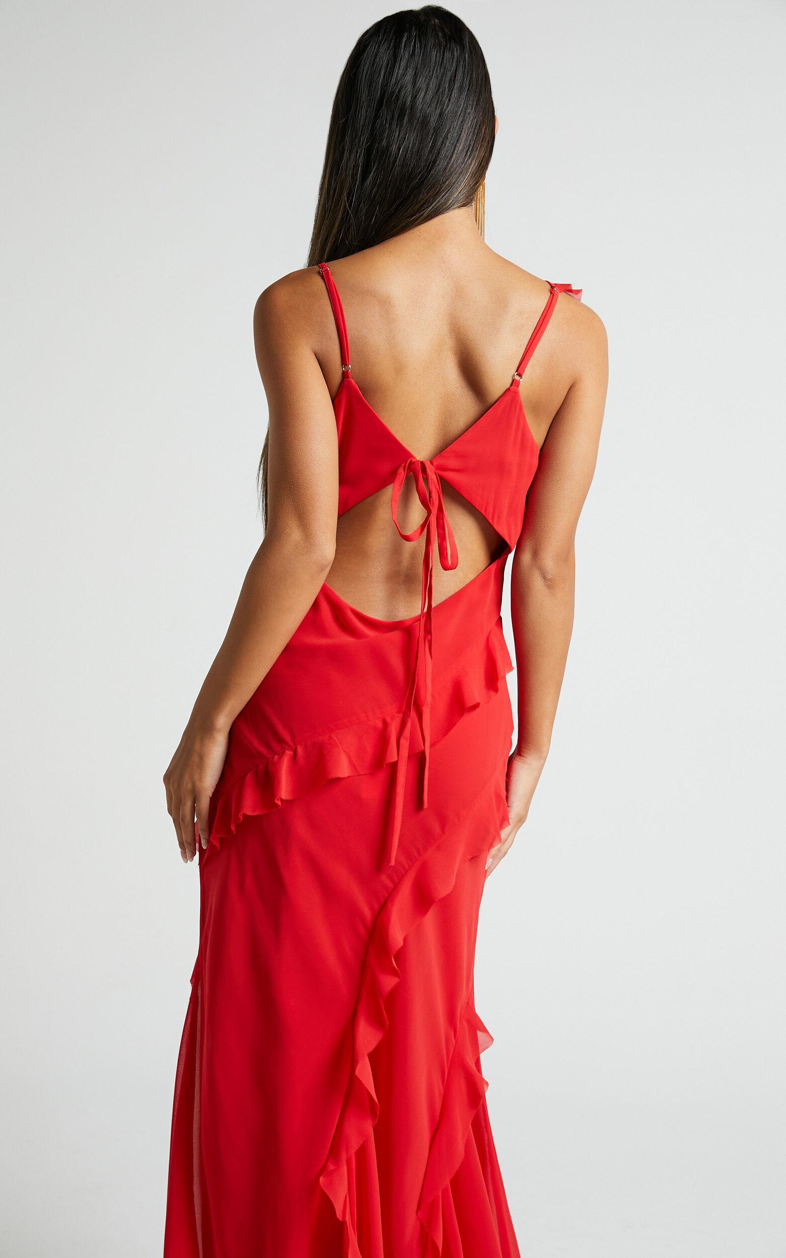 Nitha Maxi Dress - Asymmetrical Frill Thigh Split Dress in Red