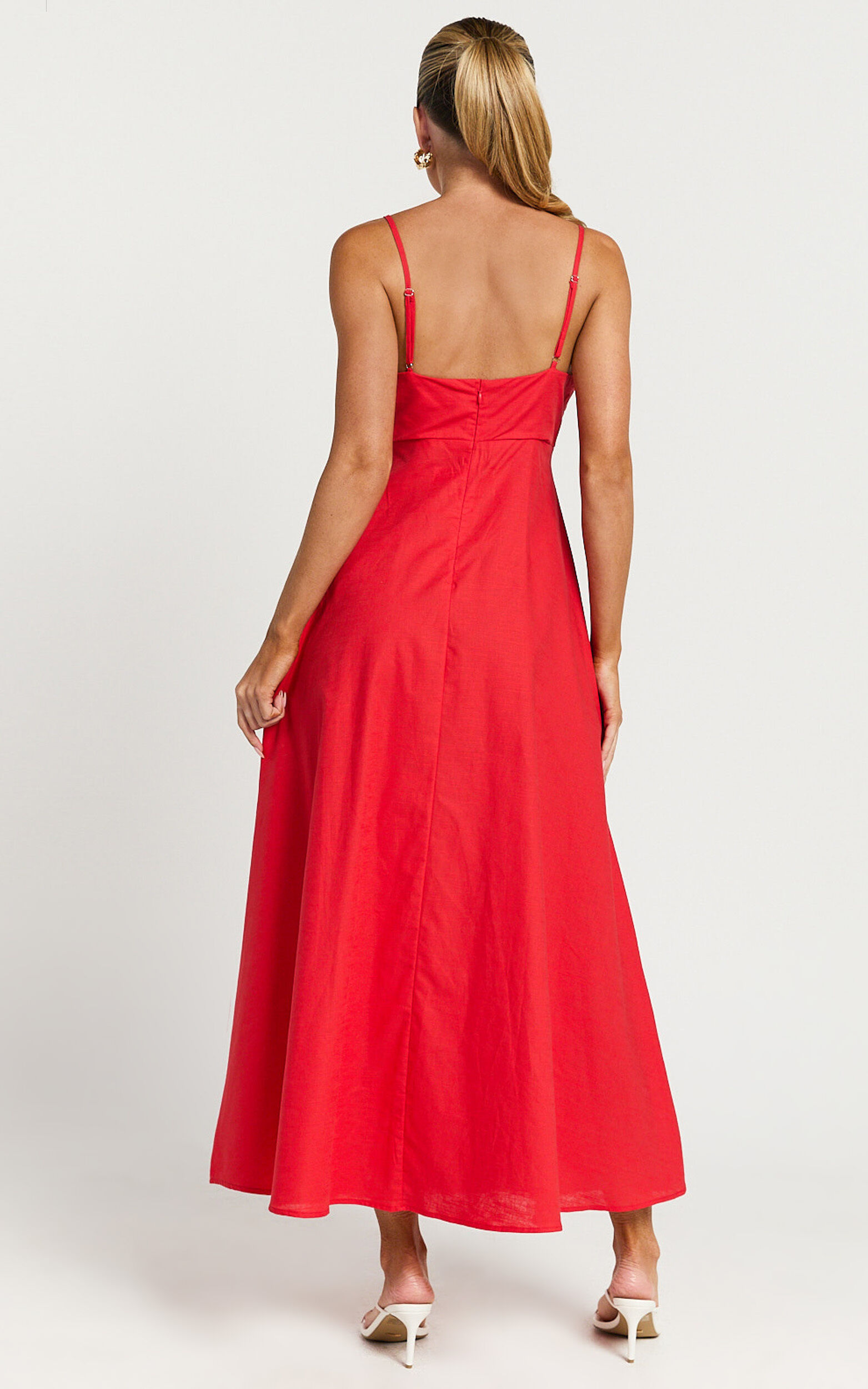 Brette Midi Dress - Linen Straight Neck Strappy Fit And Flare Dress in Red