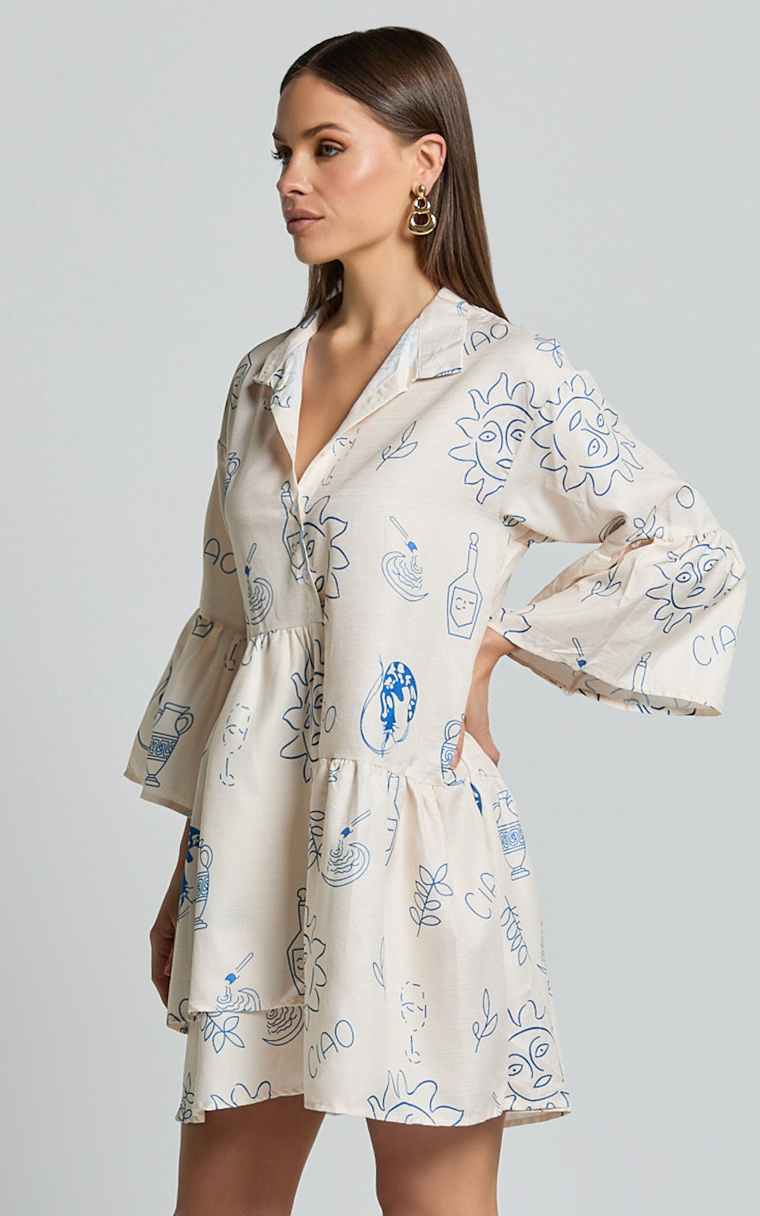 Charlene Mini Linen Dress - V Neck 3/4 Sleeve Shift Mini Dress in Blue Print