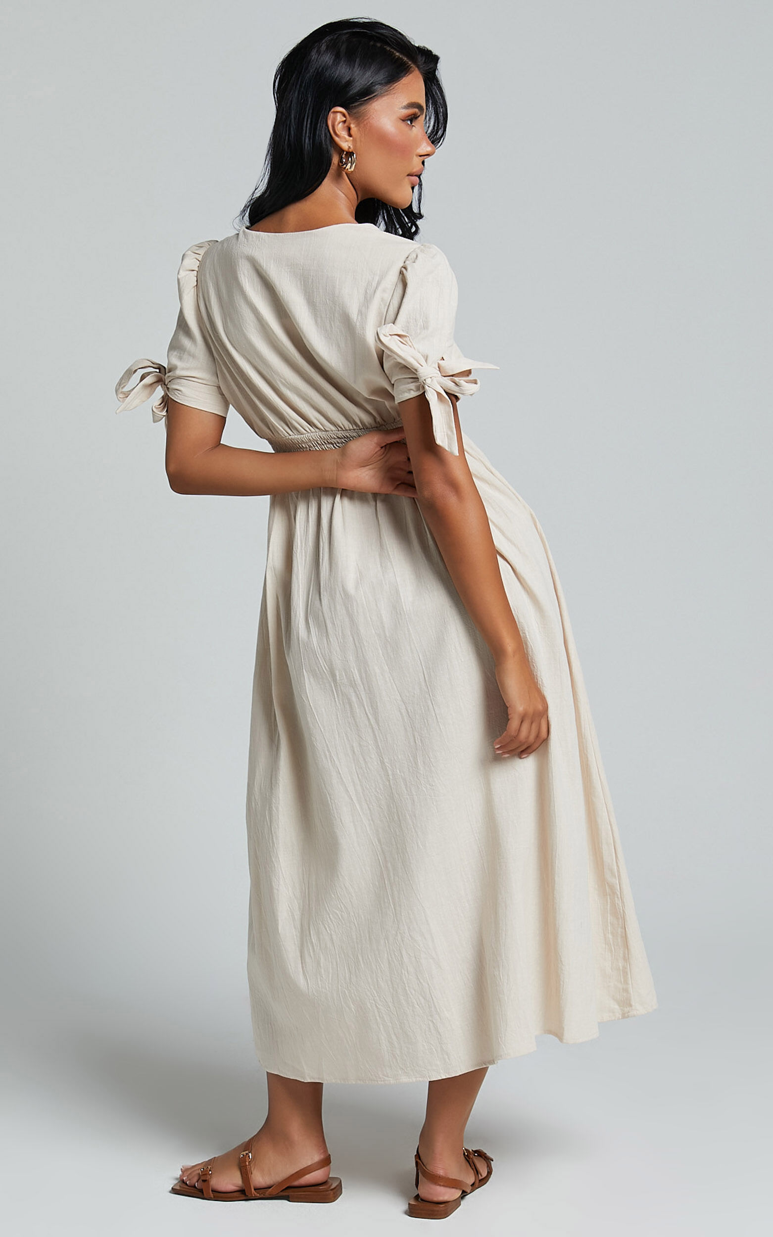 Avegail Midi Dress - V Neck Button Through Short Sleeve Dress in Bone