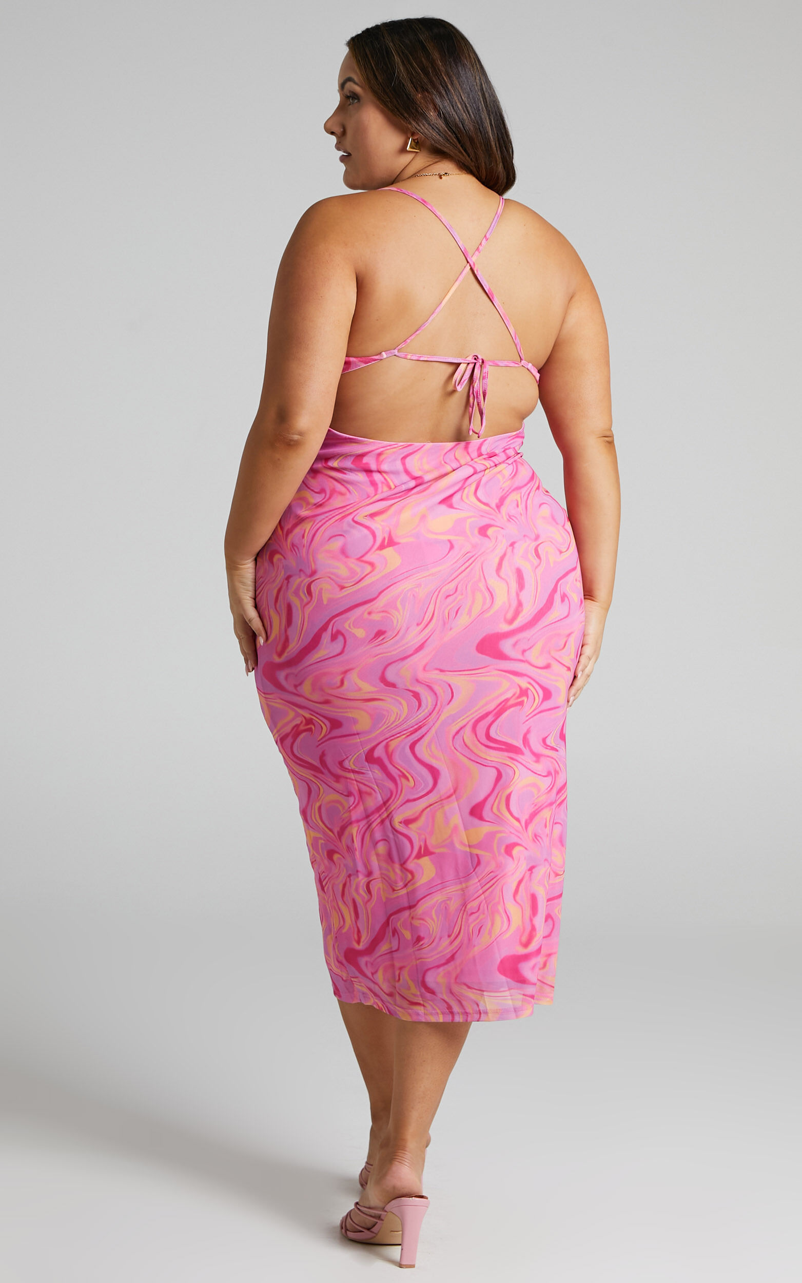 Helga Midi Dress - Cowl Neck Ruched Dress in Pink Swirl