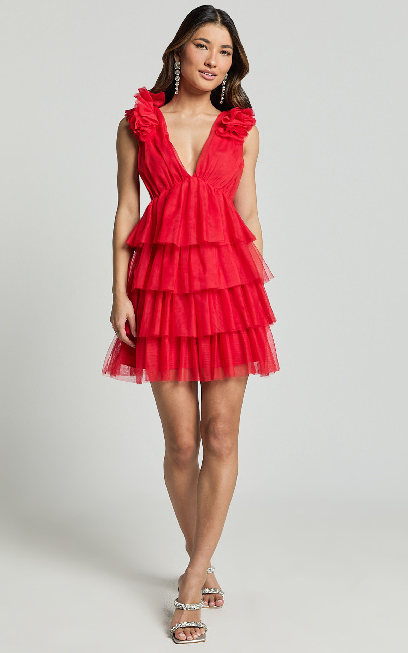 Hayden Mini Dress - Low Back Tulle Tiered Dress in Red