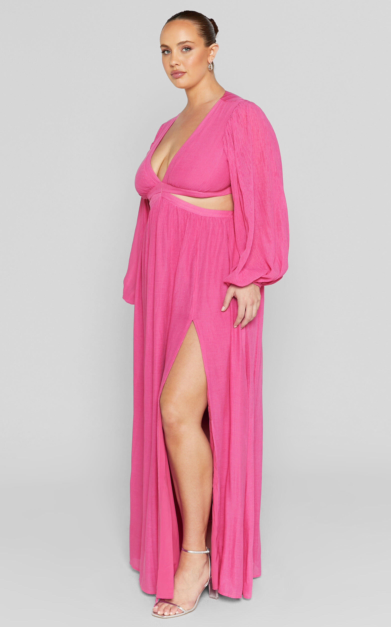 Paige Maxi Dress - Side Cut Out Balloon Sleeve Dress in Pink