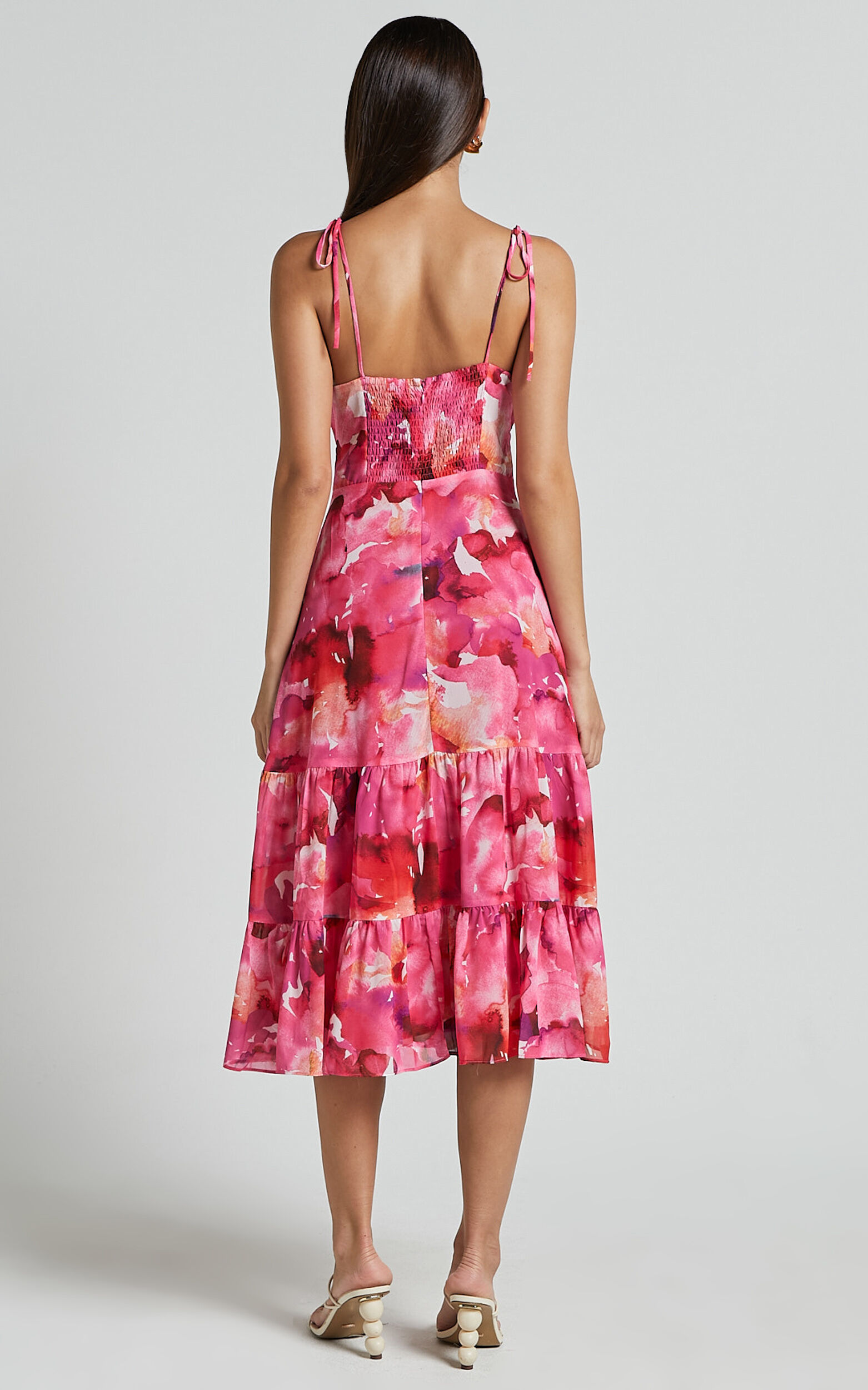 Marina Midi Dress - Tie Shoulder Ruched Bust Dress in Evie Print