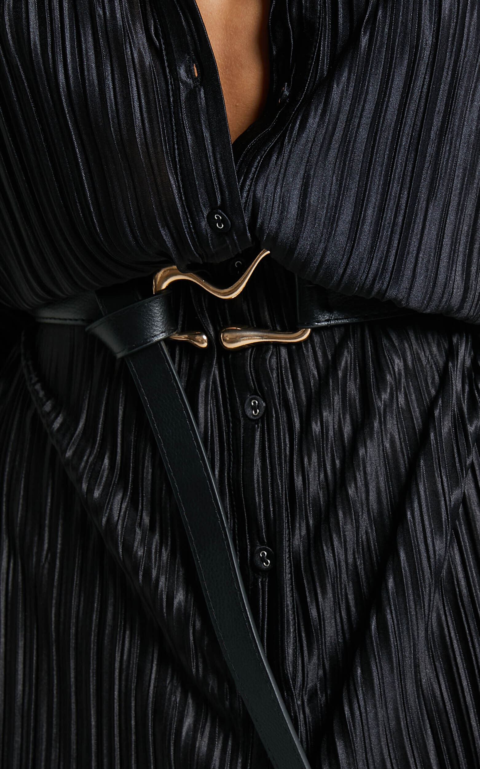 Beca Mini Dress - Crinkle Button Up Shirt Dress in Black