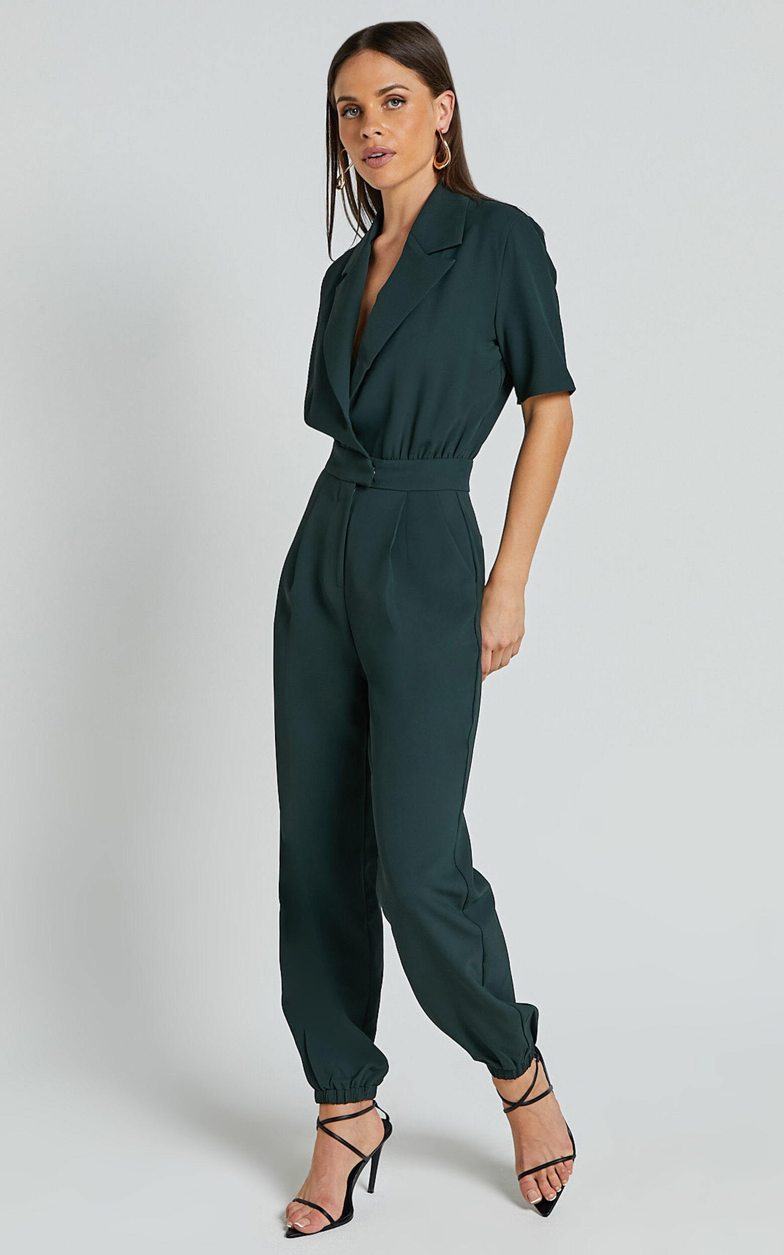 Coco Jumpsuit - Collared Short Sleeve Straight Leg Jumpsuit in Forest Green