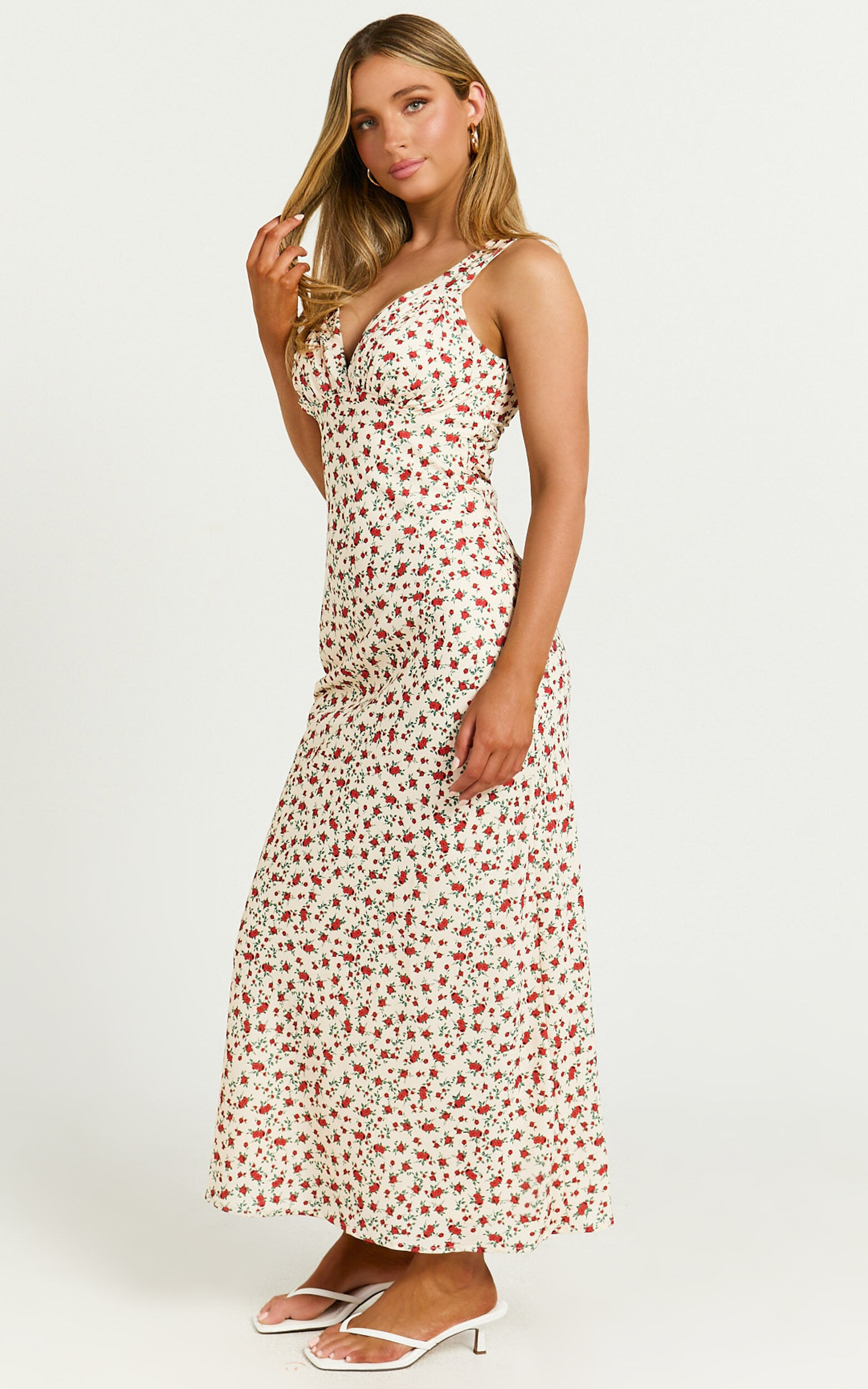 Mauriel Midi Dress - Deep V Gathered Bust Slip Dress in Red Floral
