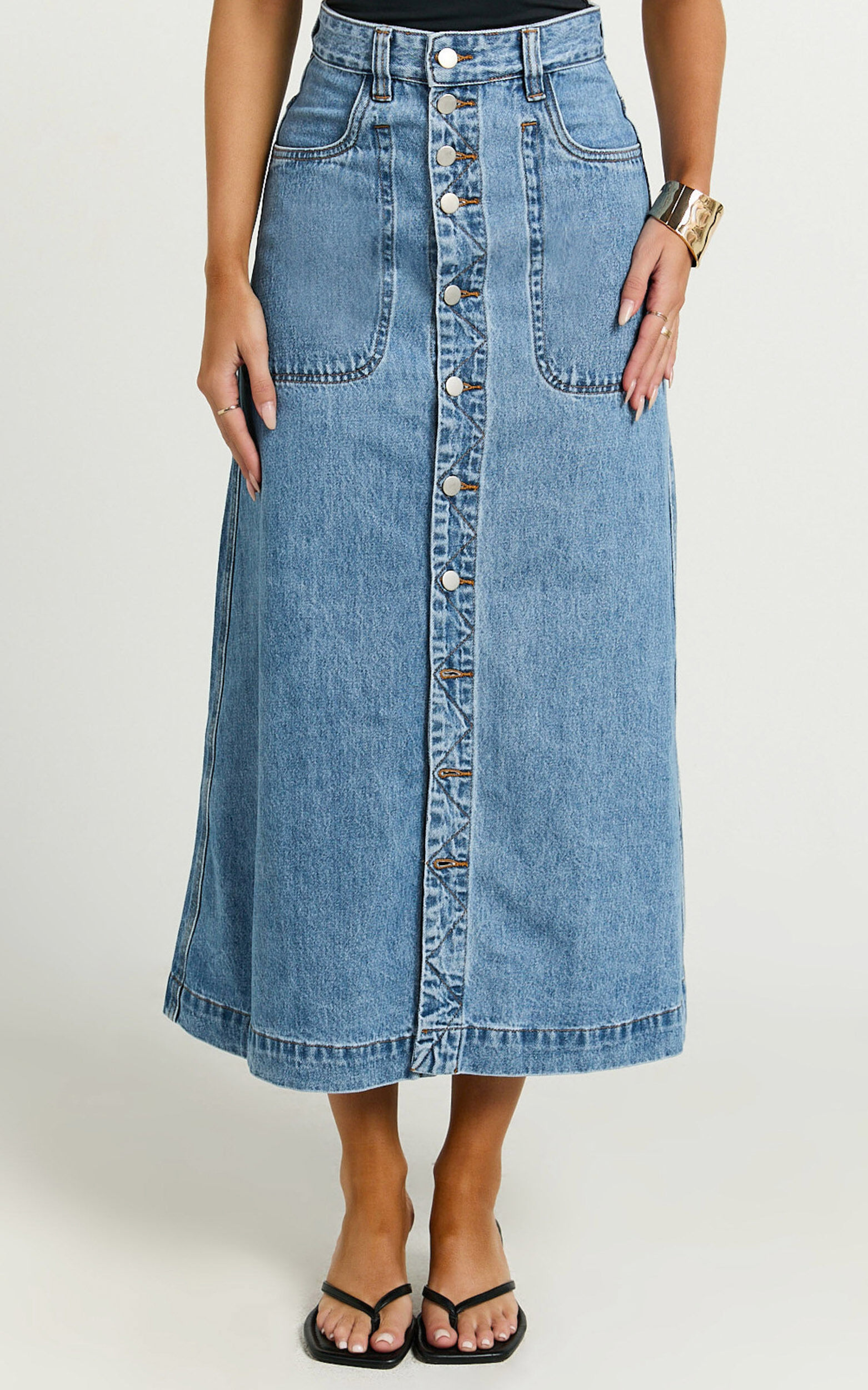 Alisa Midi Skirt - Button Through A Line Denim in Mid Blue Wash