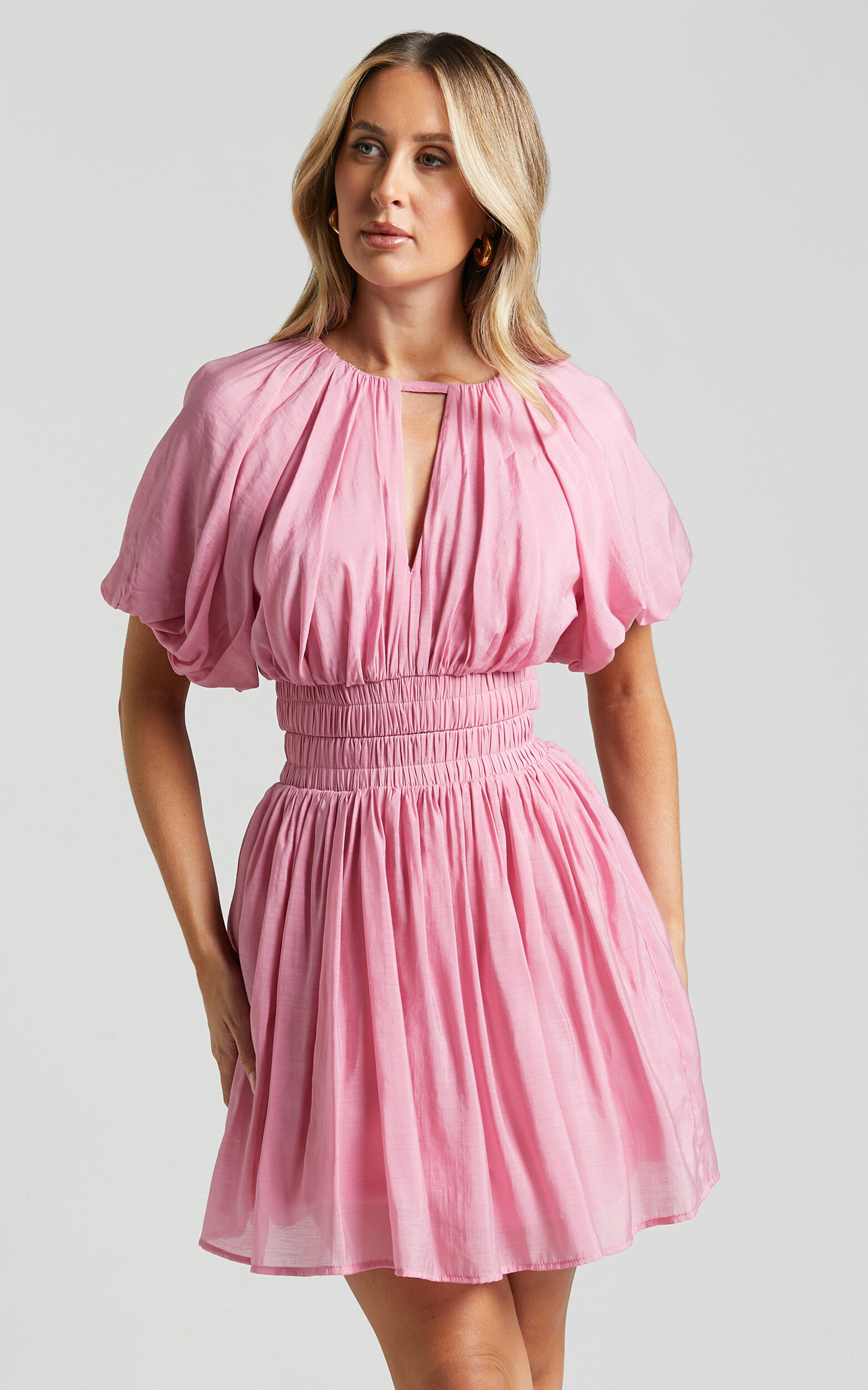 Michalka Mini Dress - Blouson Puff Sleeve Elasticised Waist in Pink
