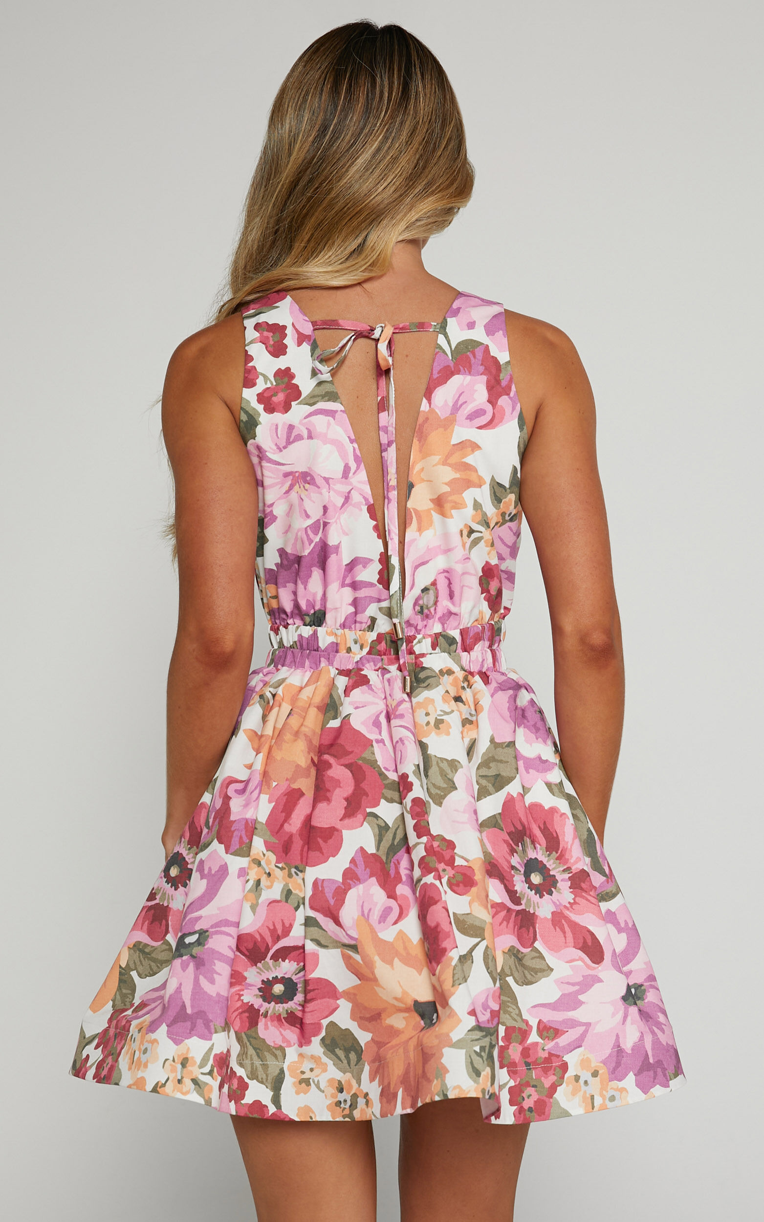 Hepburn Mini Dress - V Neck Tie Back Dress in Spring Floral