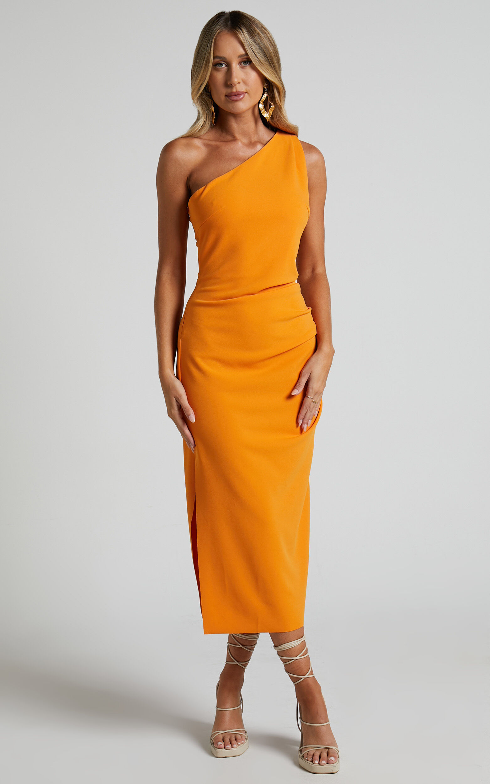 Monette Midi Dress - One Shoulder Straight Dress in Orange
