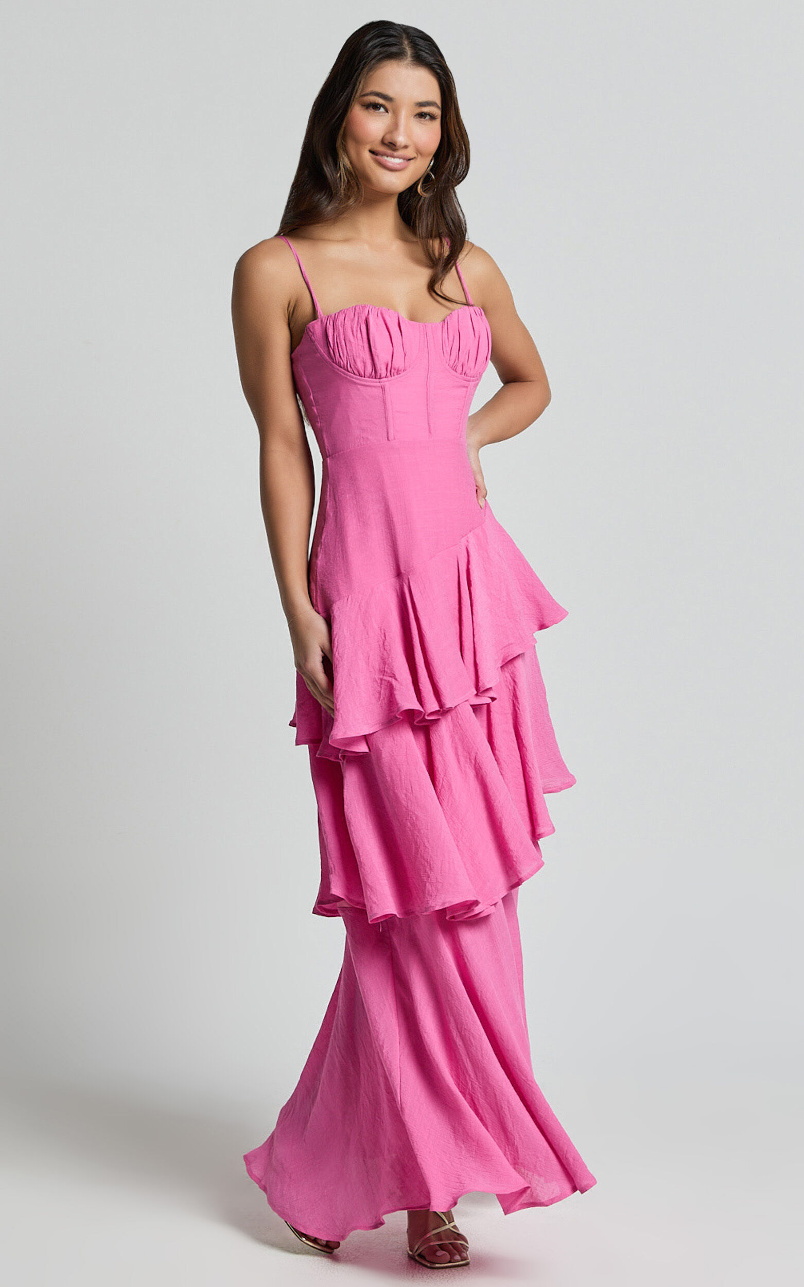 Diana Midi Dress - Sweetheart Ruched Bust Layered Dress in Hot Pink