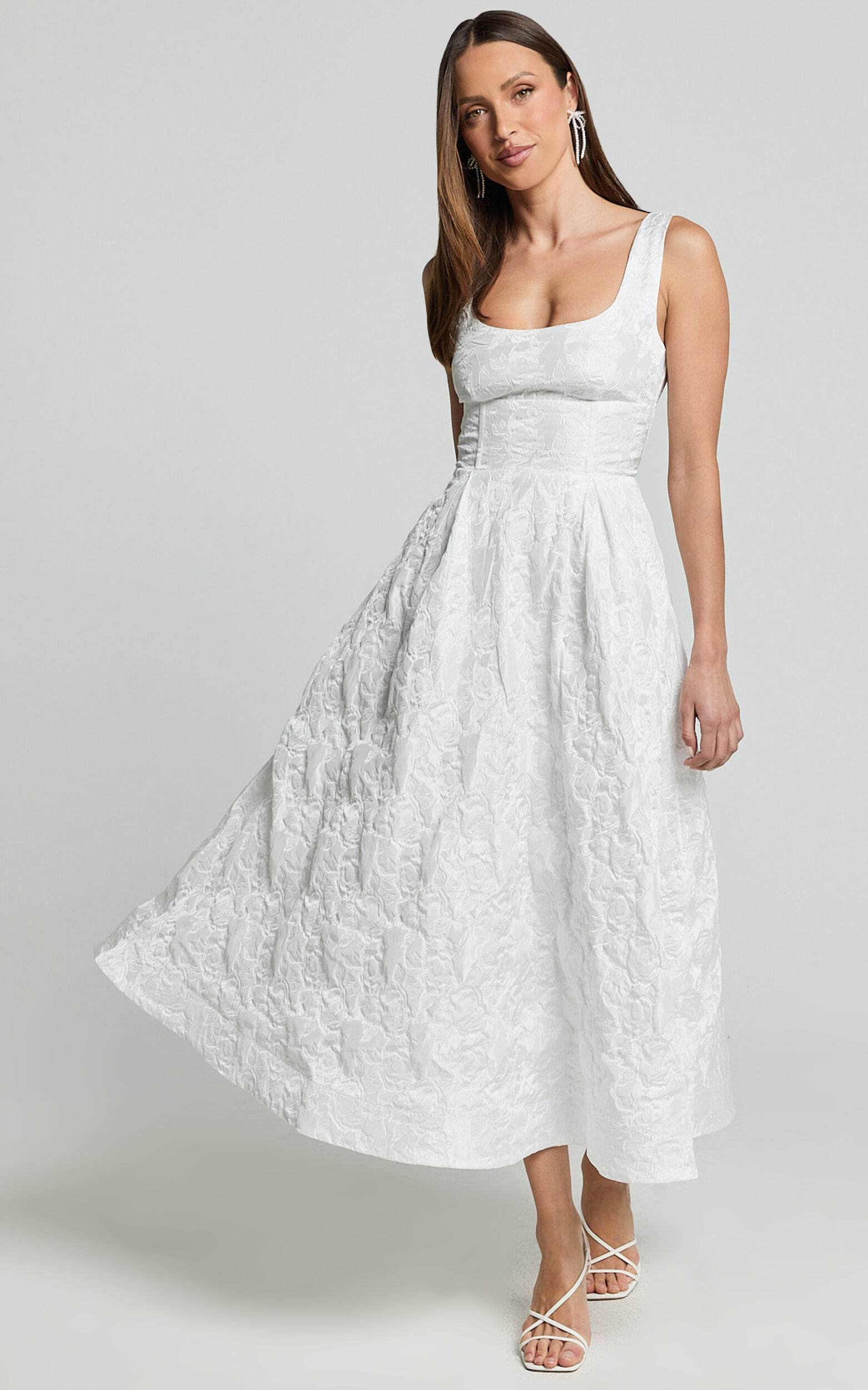 Georgine Midi Dress - Square Neck Fit and Flare Jacquard Dress in Ivory