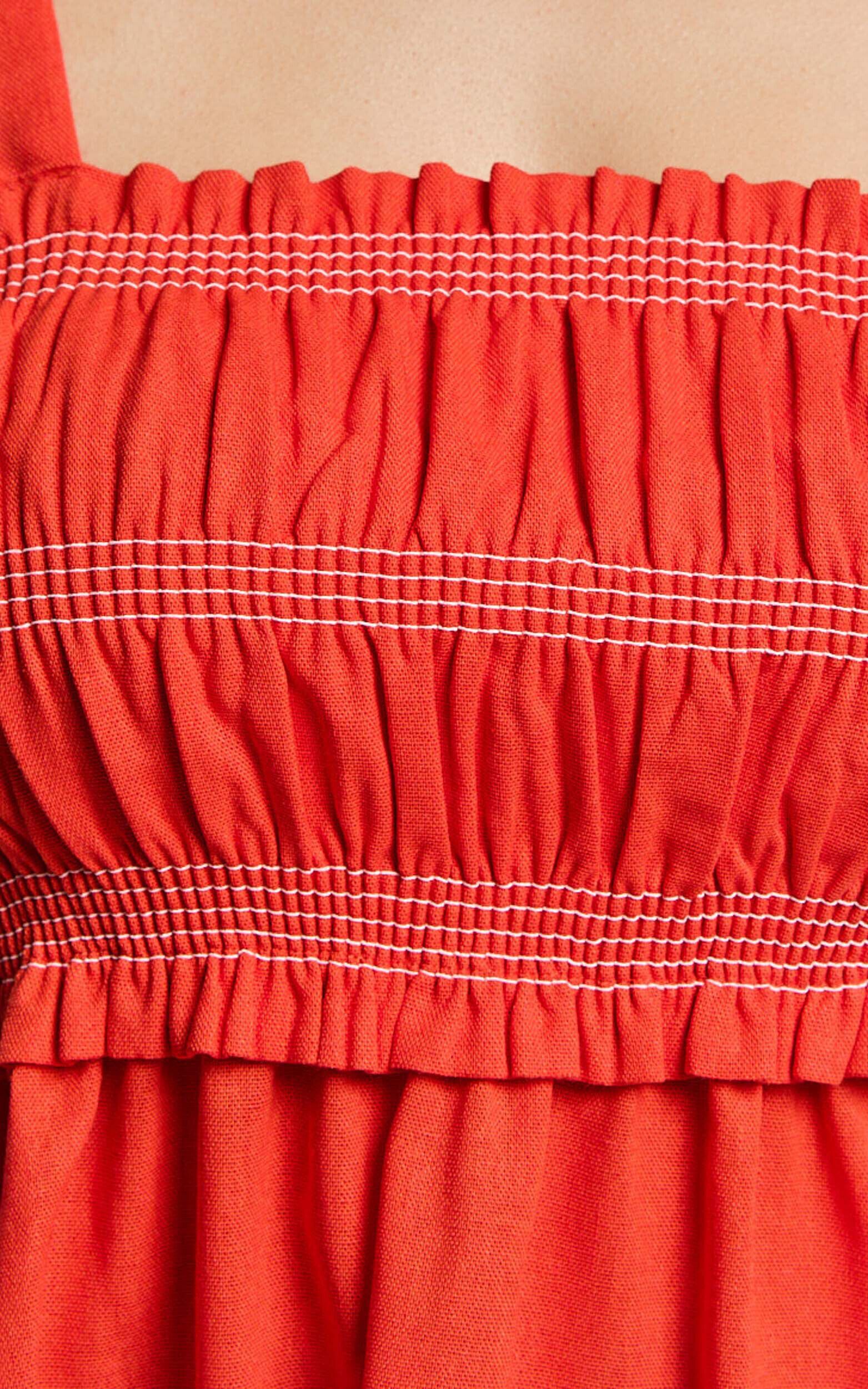 Cloe Mini Dress - Linen Tie Shoulder Shirred Dress in Red