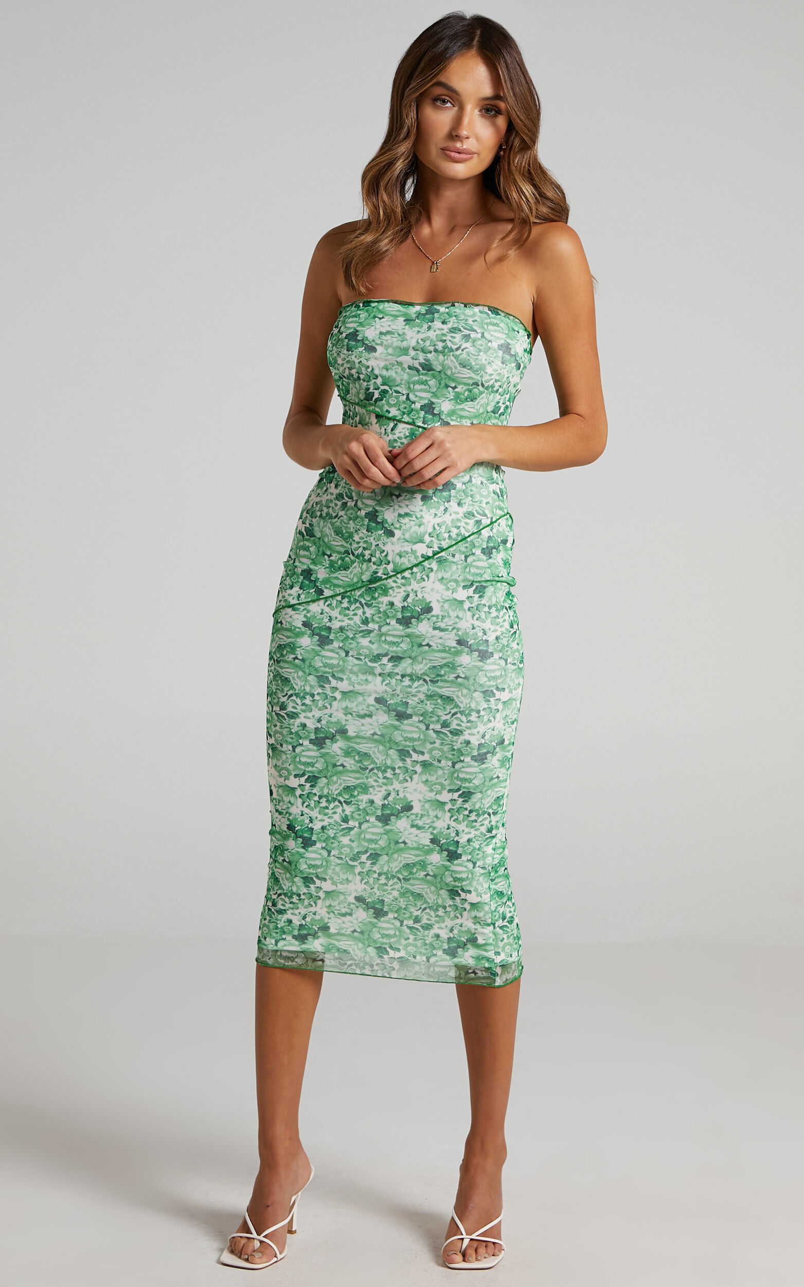 Brunetta Midi Dress - Strapless Mesh Dress in Green Furnishing Florals