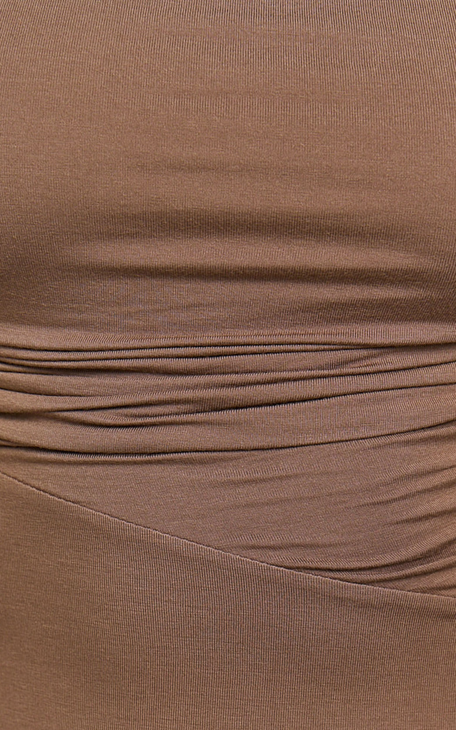 Anciel Midi Dress - Ruched Drop Waist Dress in Chocolate