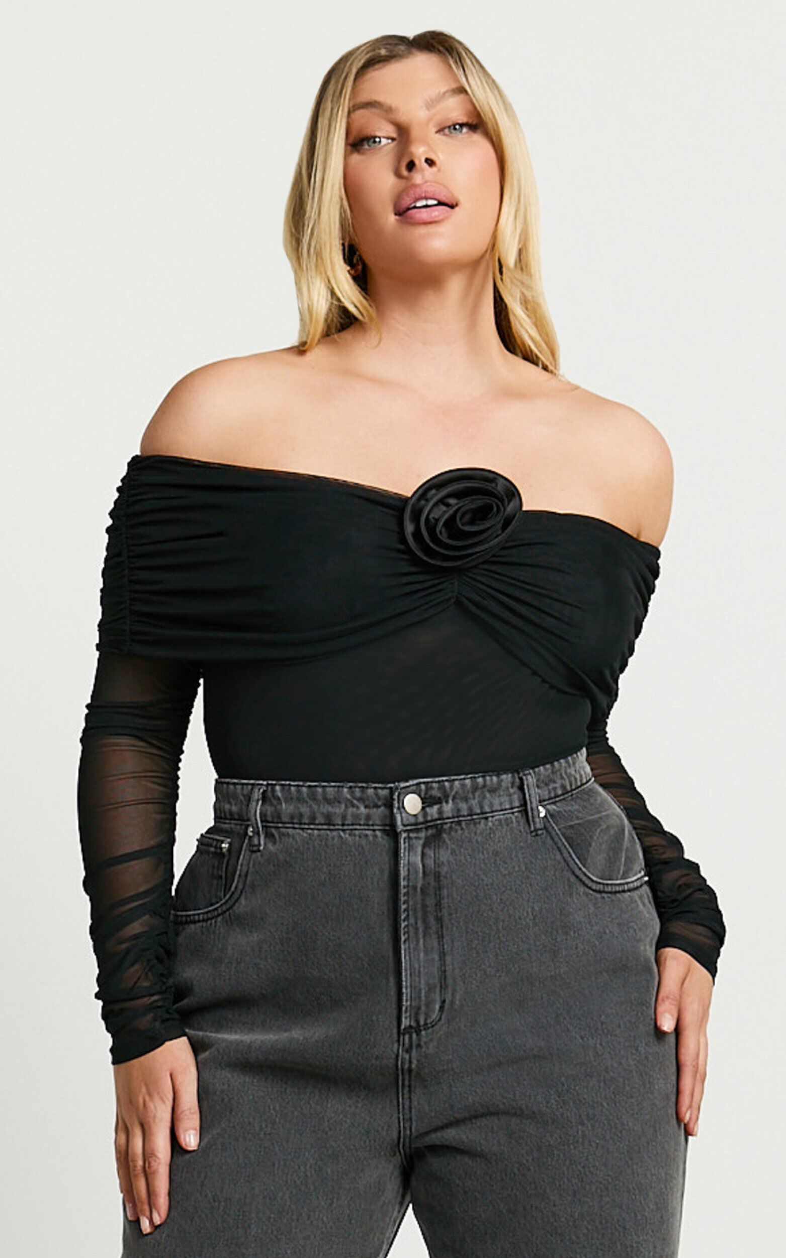 Seraphina Bodysuit - Off Shoulder Long Sleeve Detachable Rosette Mesh Bodysuit in Black
