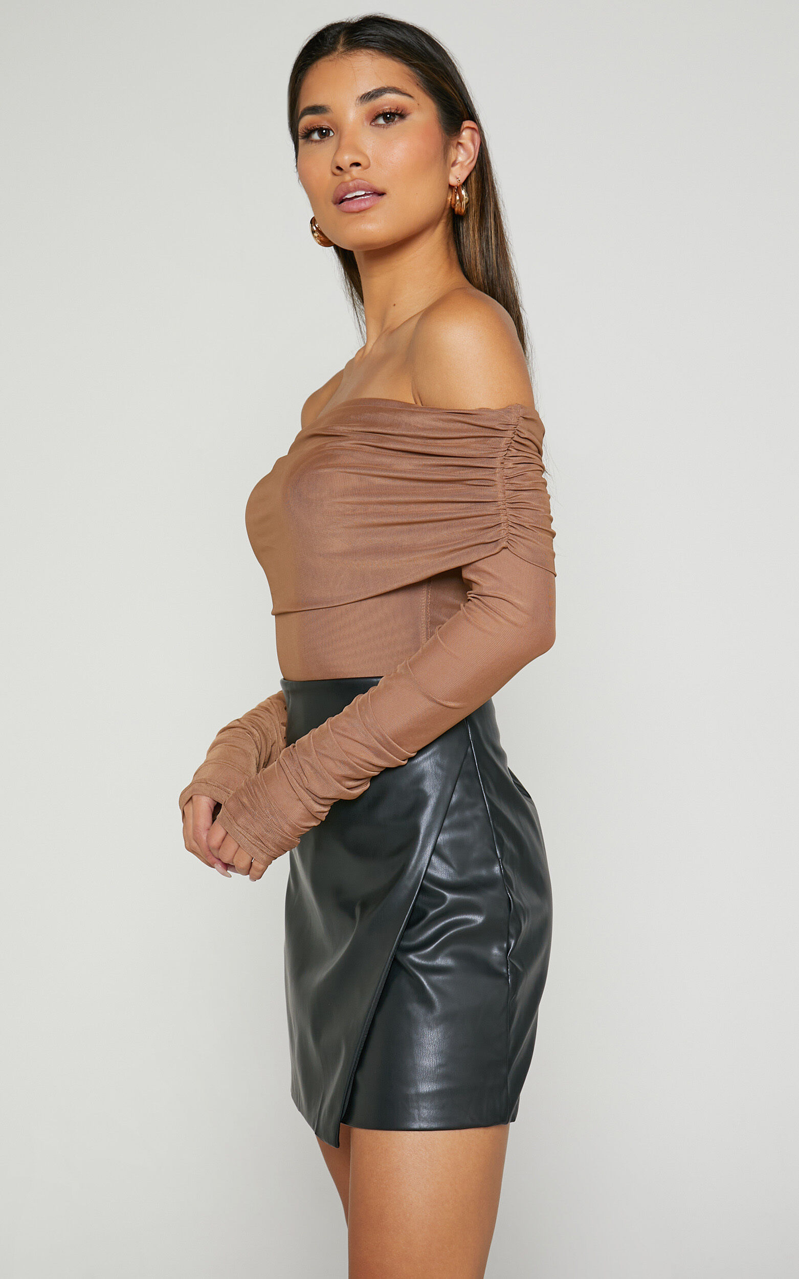 Jaythen Bodysuit - Long Sleeve Off Shoulder Ruched Mesh Bodysuit in Mocha