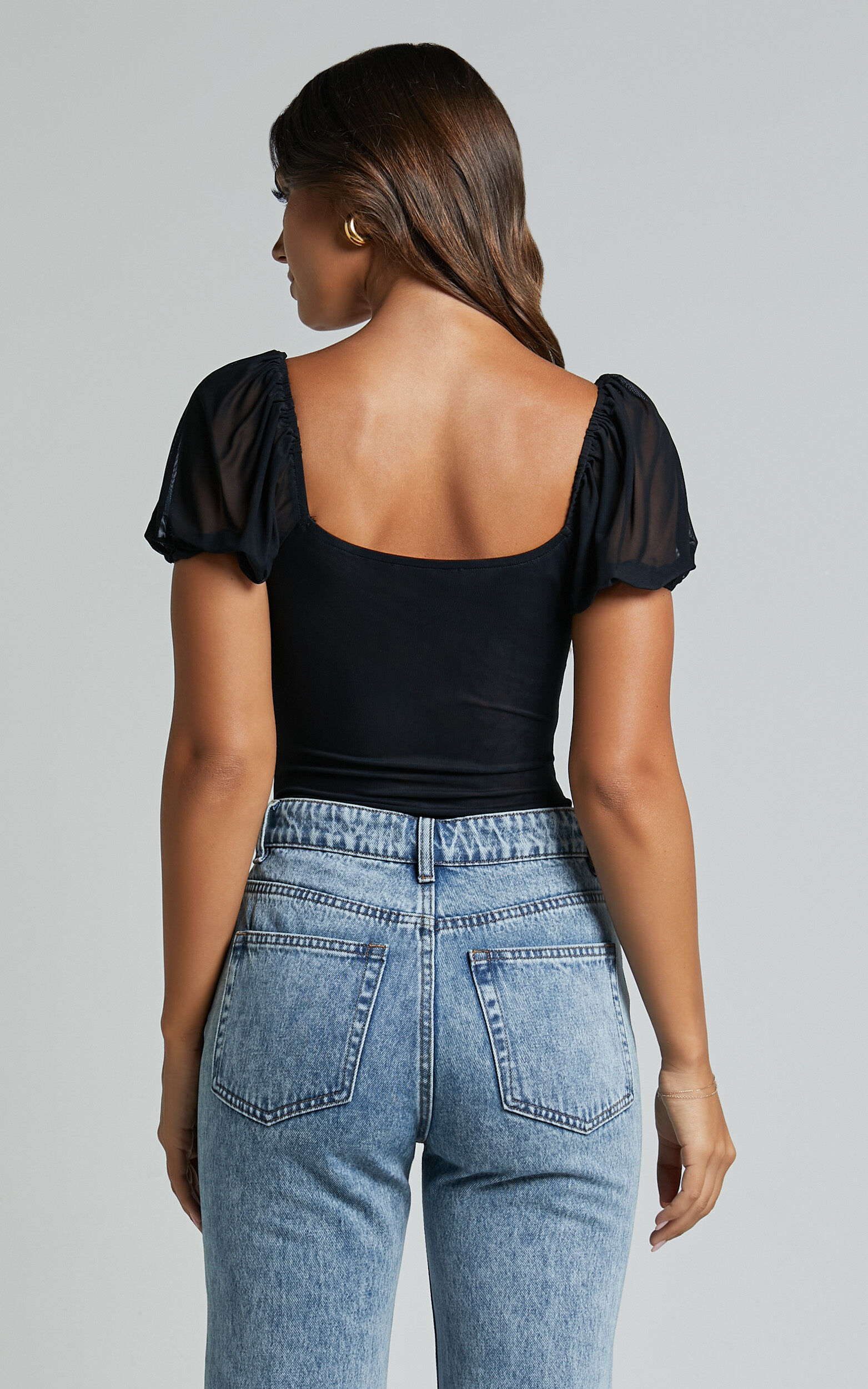 Lara Bodysuit - Lace Detail Sweetheart Short Sleeve Bodysuit in Black