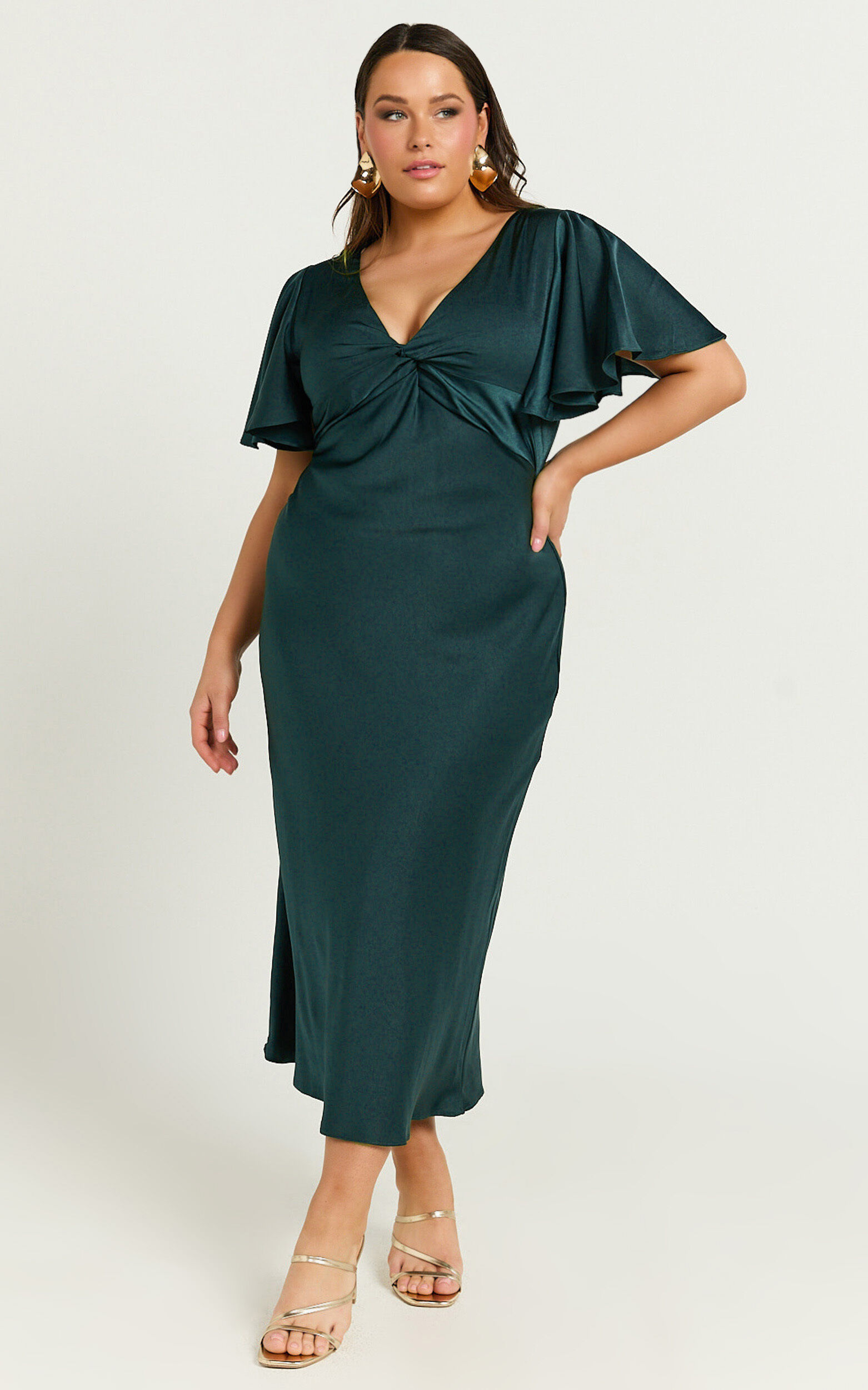 Amartina Midi Dress - V Neck Twist Bodice Flutter Sleeve Dress in Forest Green