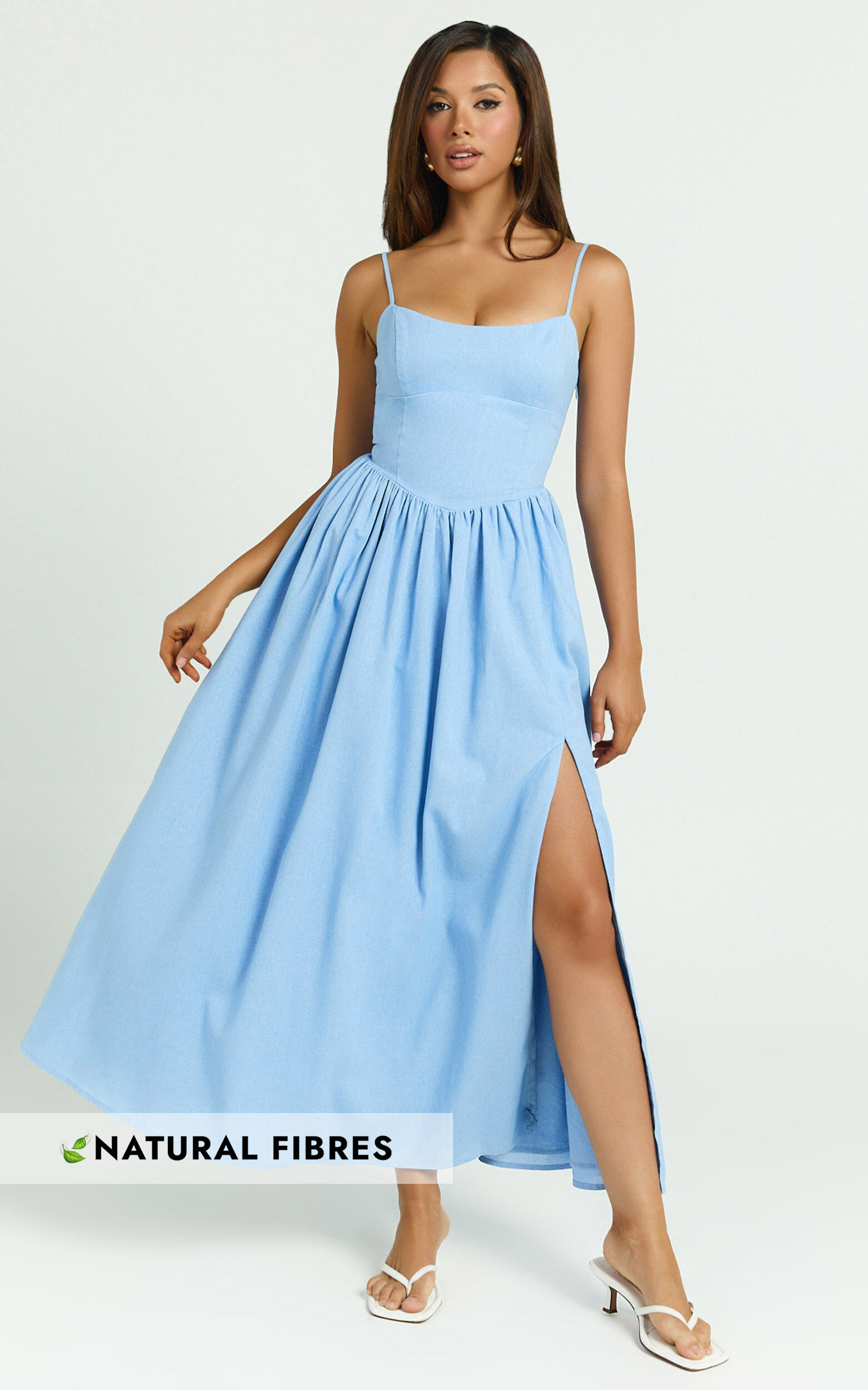 Morris Midi Dress - Linen Scoop Neck Gathered Dress in Blue