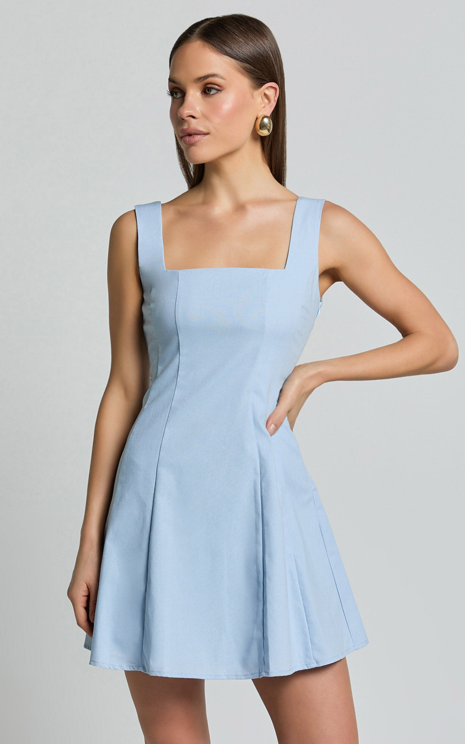 Adiana Mini Dress - Linen Square Neck Shirred Back A Line Dress in Pale Blue
