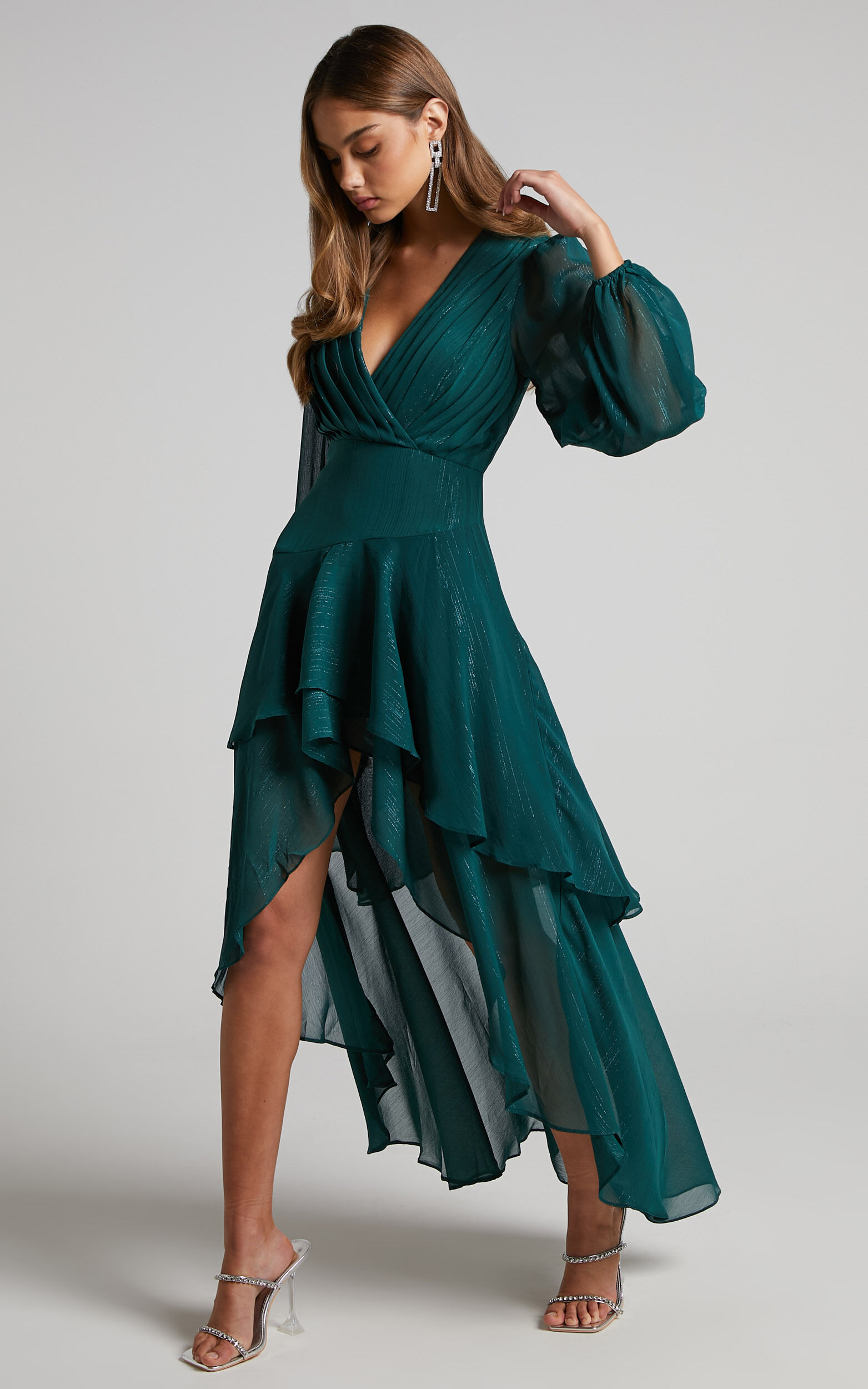 Claudita Midi Dress - Long Sleeve High Low Hem Dress in Emerald