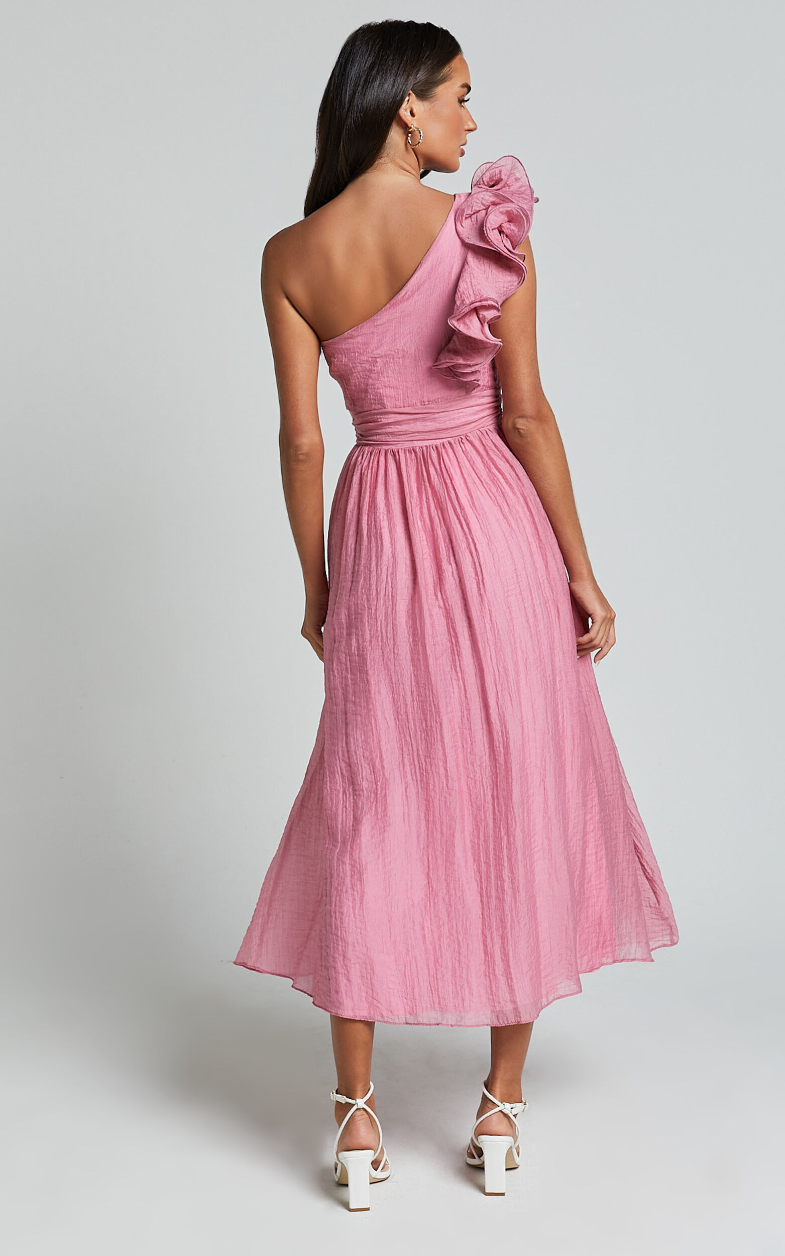Dorothy Midi Dress - One Shoulder Frill Detail Fit and Flare Dress in Pink