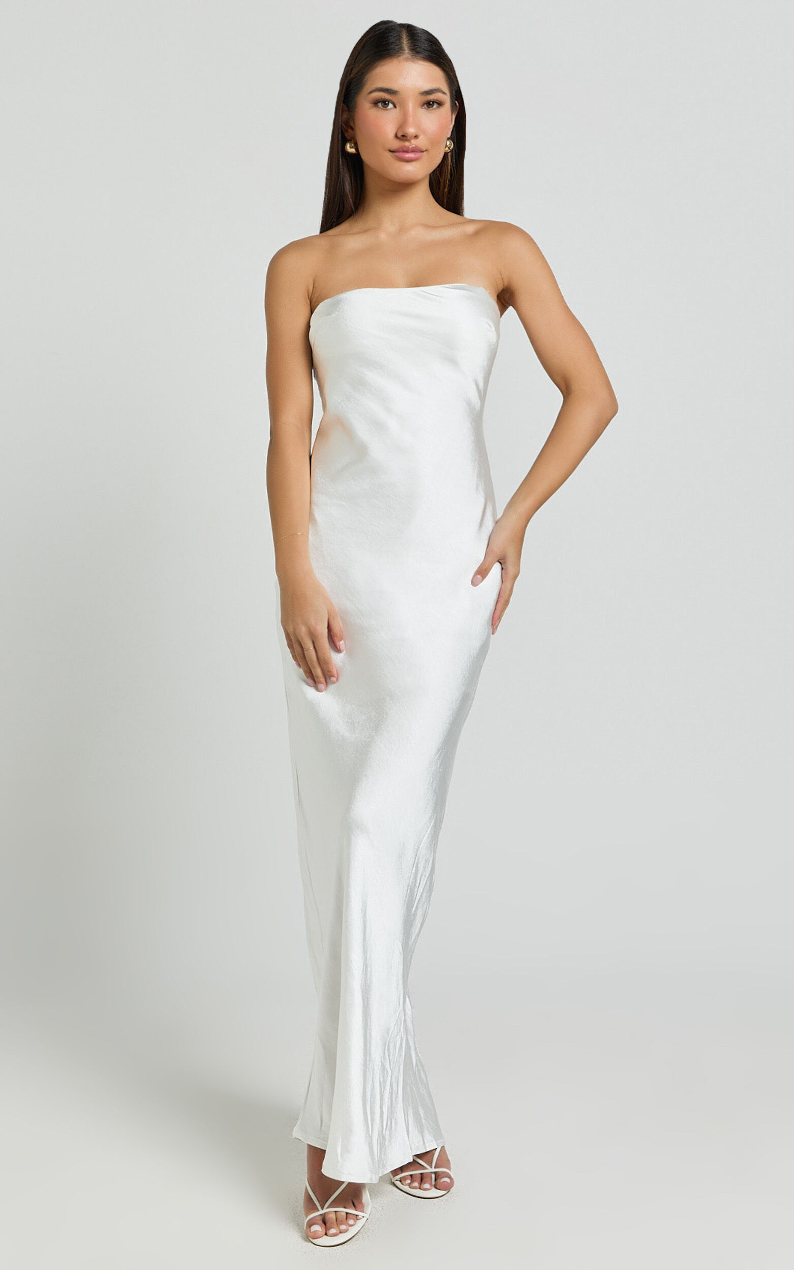 Beth Midi Dress - Pearl Detail Strap Straight Neck Slip Dress in White